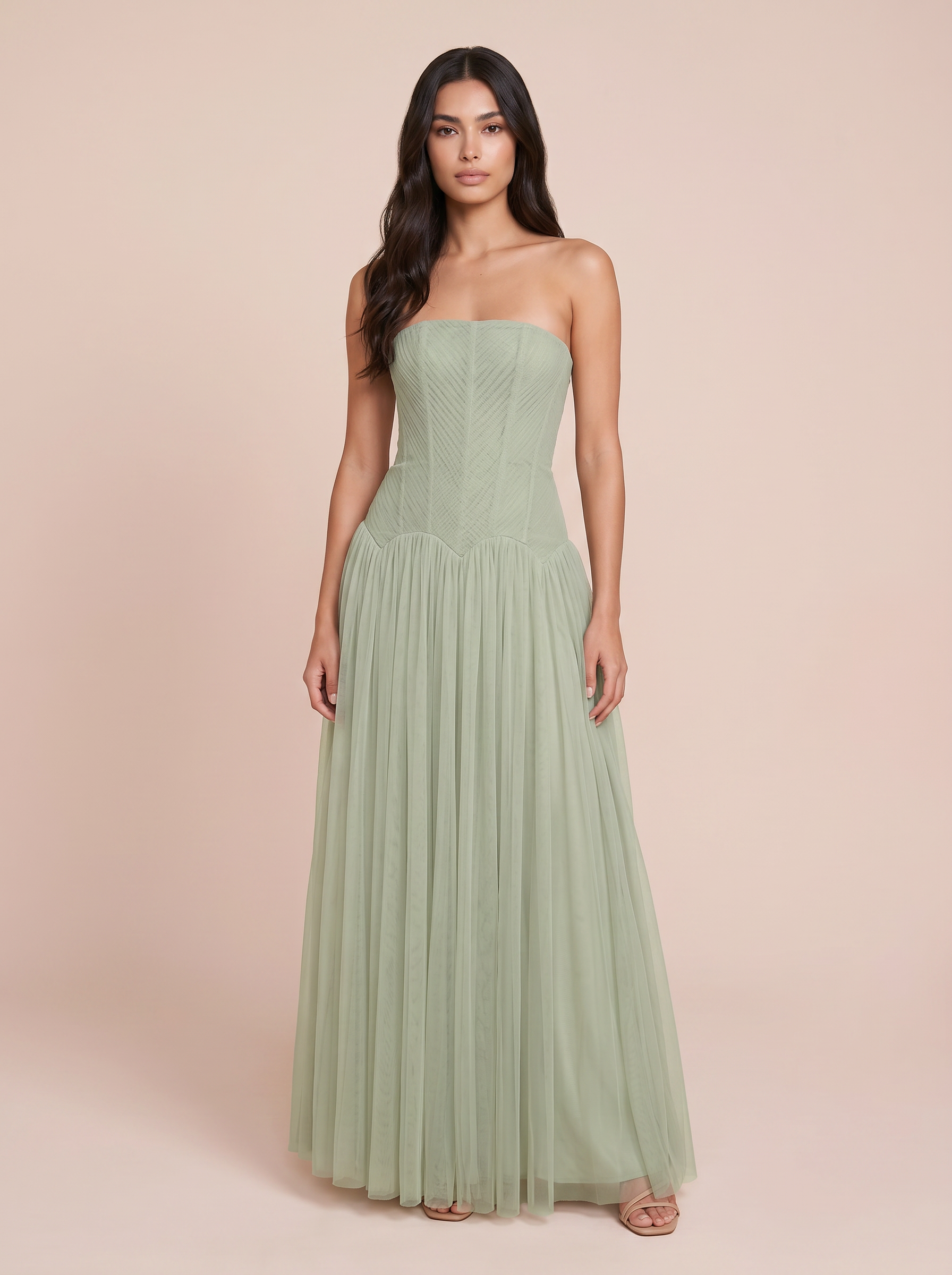 Shyala Green Strapless A-line Elegant Pleated Maxi Dress
