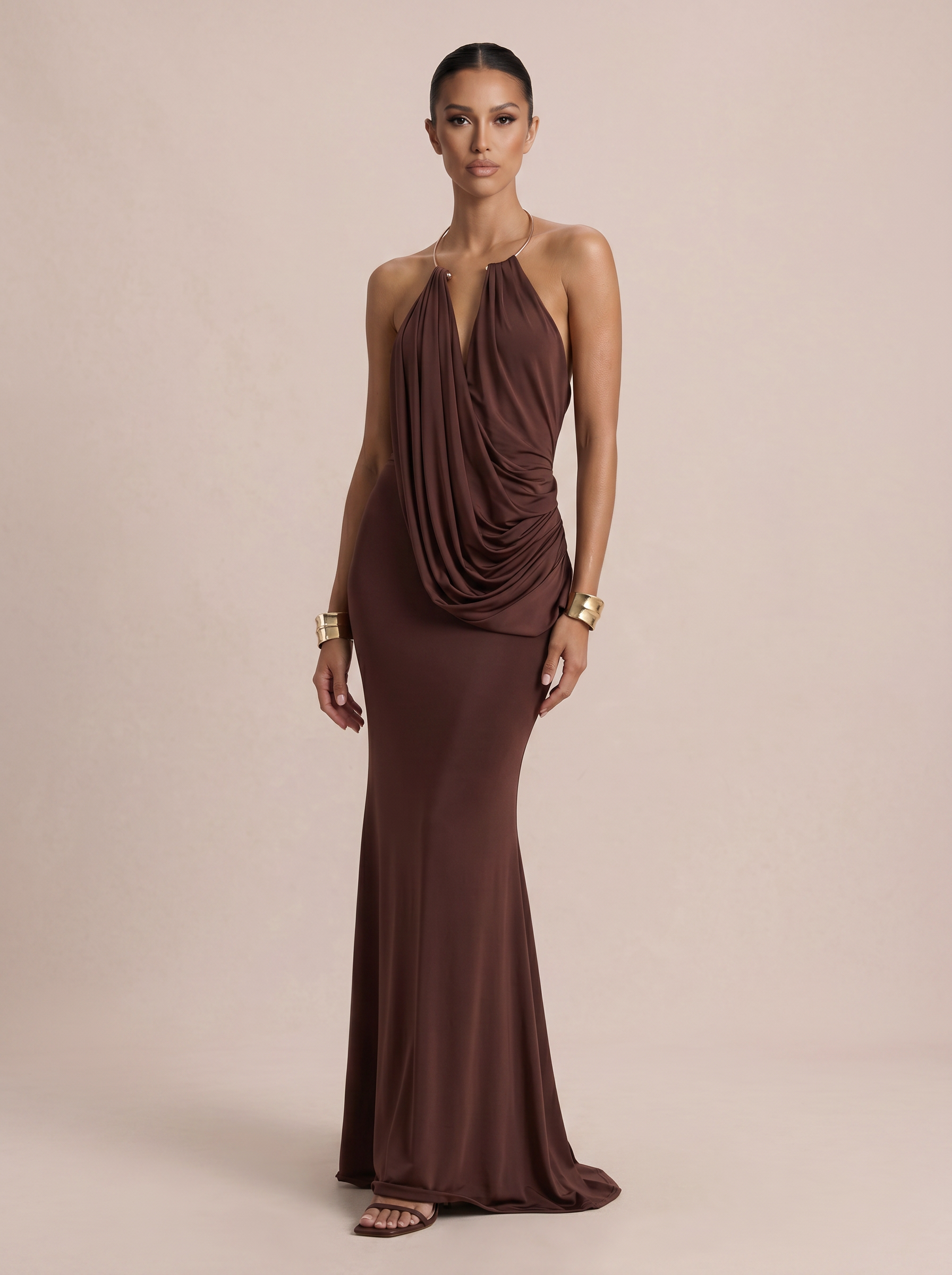 Gigi Brown Draped Halter Sleeveless Backless Maxi Dress
