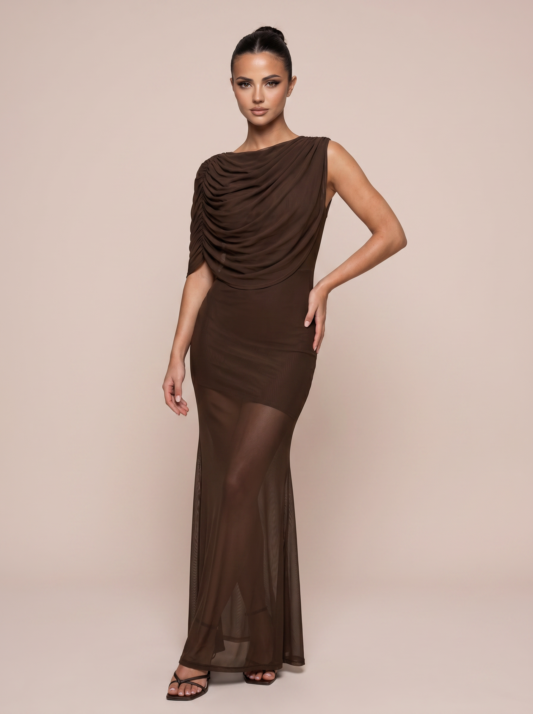 Kennedi Brown Mesh Ruched One Shoulder Maxi Dress