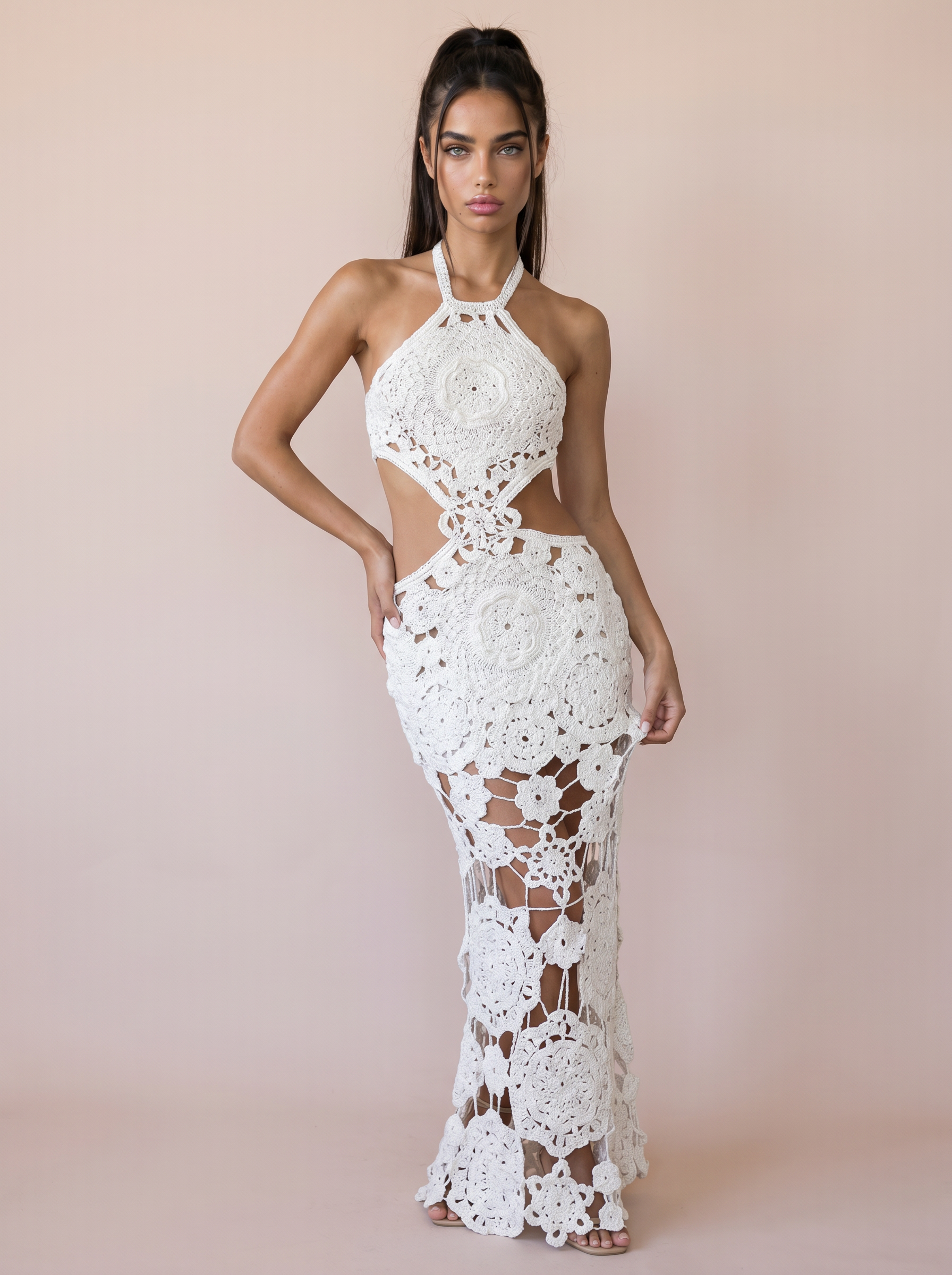 Emmie Whte Knit Crochet Cut Out Halter Beach Maxi Dress