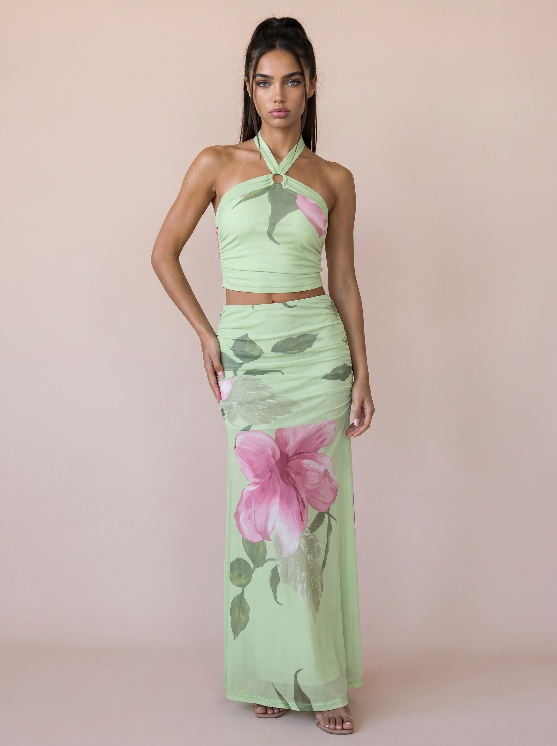 Beyprern Summer Floral Print Two Piece Set Crop Top And Ruched Maxi Skirt