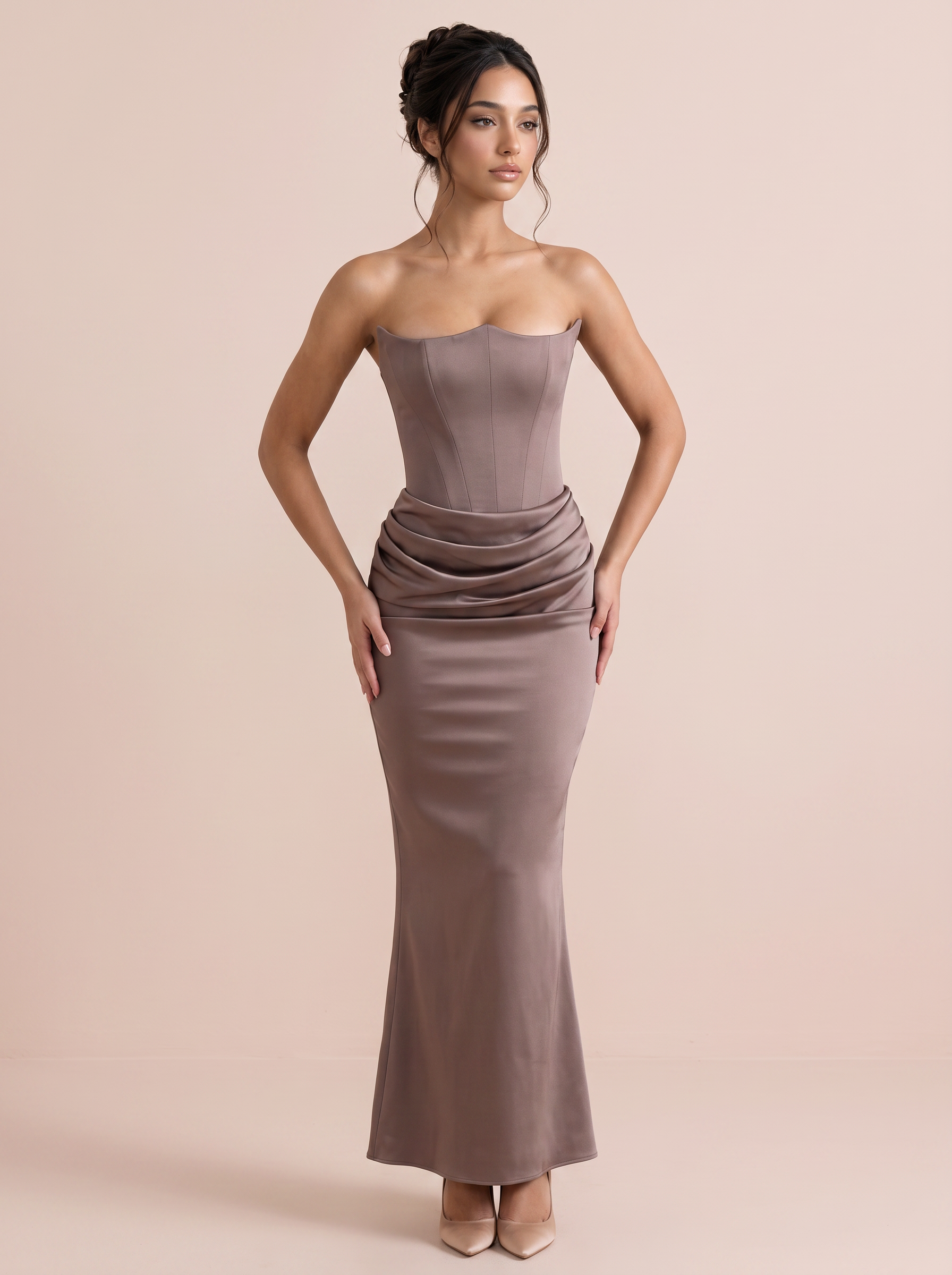 Gia Strapless Fishbone Ruched Maxi Dress