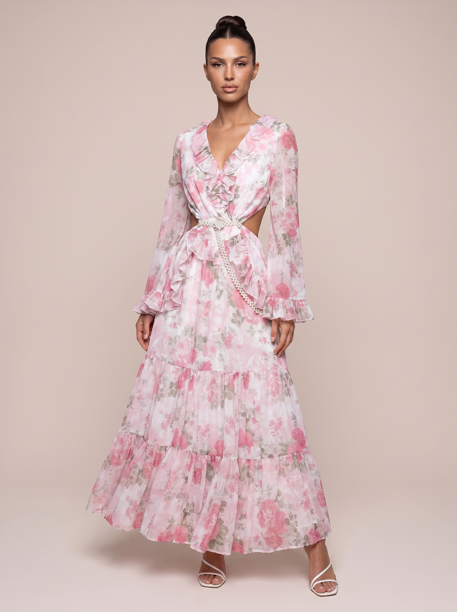 Melina Ruffle Floral Long Sleeve V Neck Maxi Dress