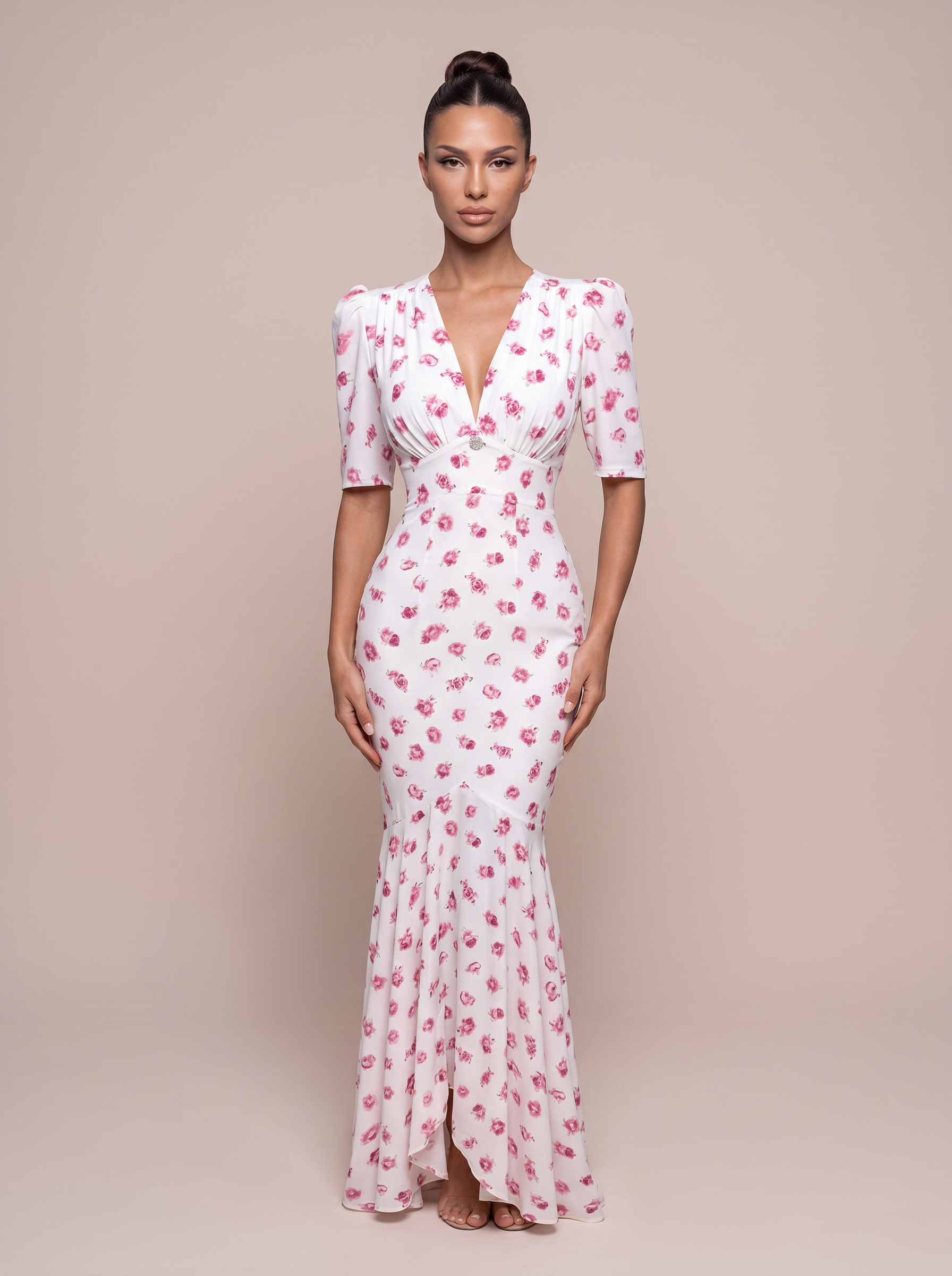 Analise Short Sleeve Elegant Floral Printed Maxi Dress