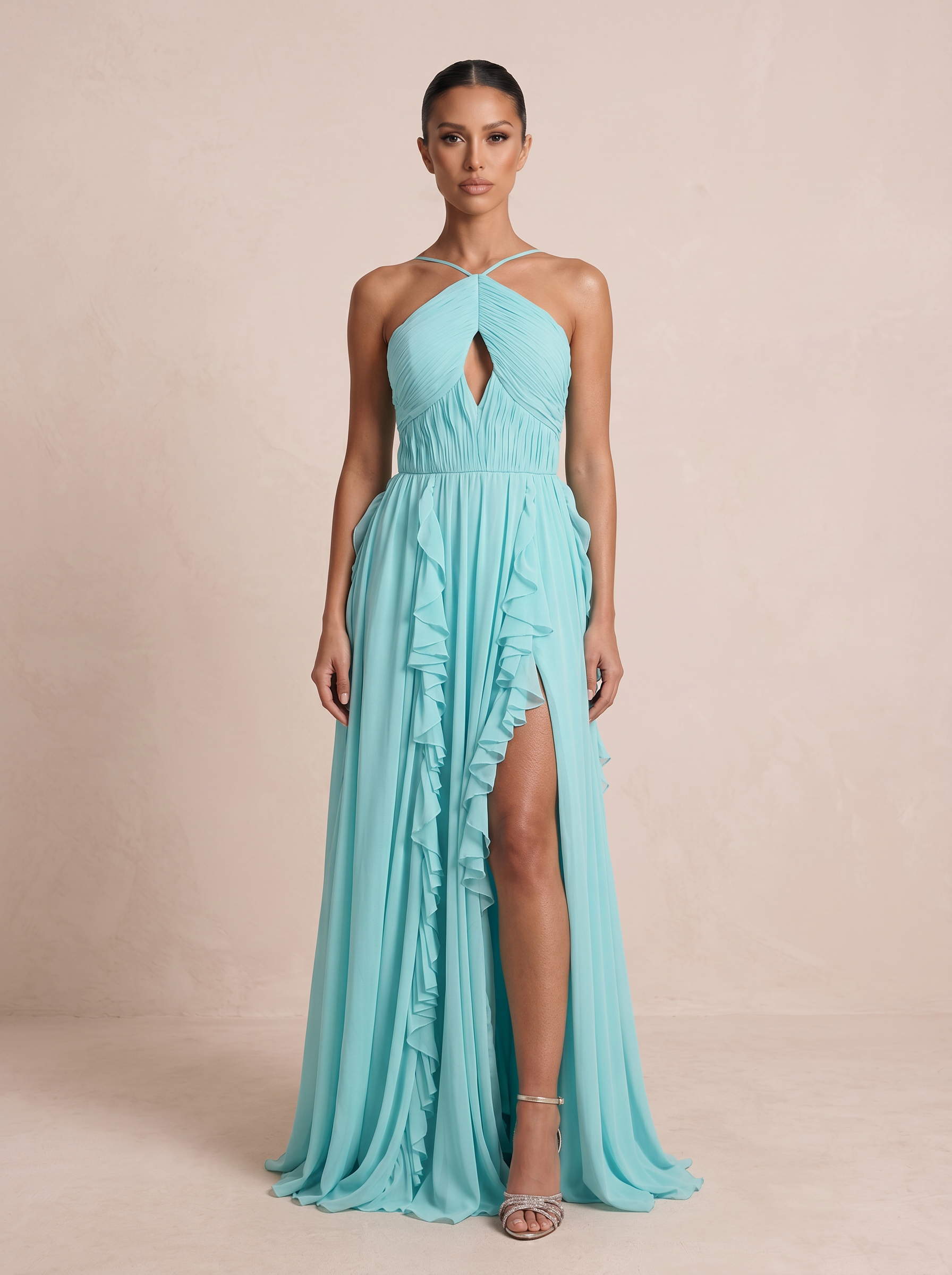 Bellia Halter Pleated High Slit Maxi Dress