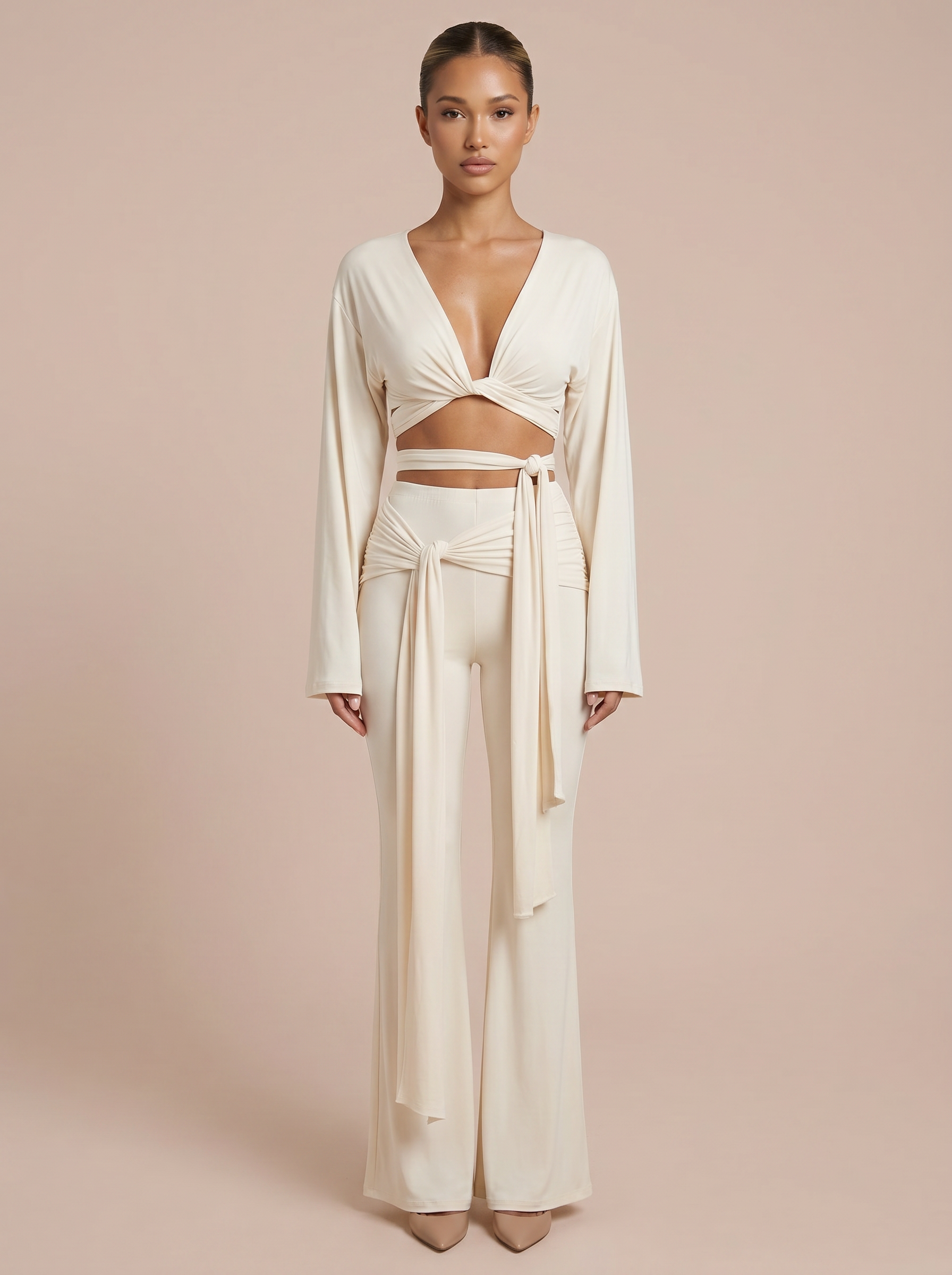 Aliana  Two Piece Set Long Sleeve Crop Top and High Waist Tie Ruched Flared Pants