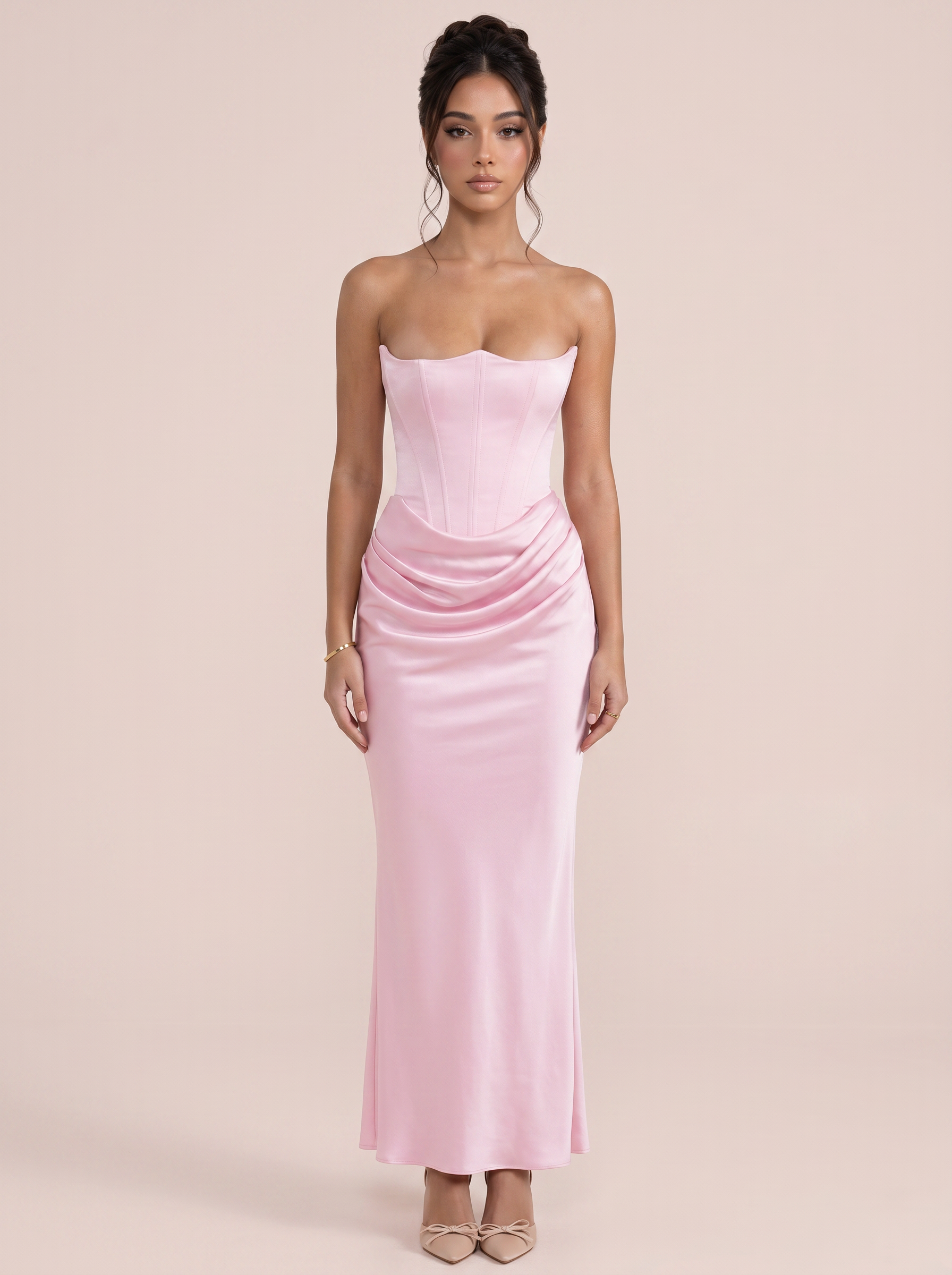 Gia Strapless Fishbone Ruched Maxi Dress