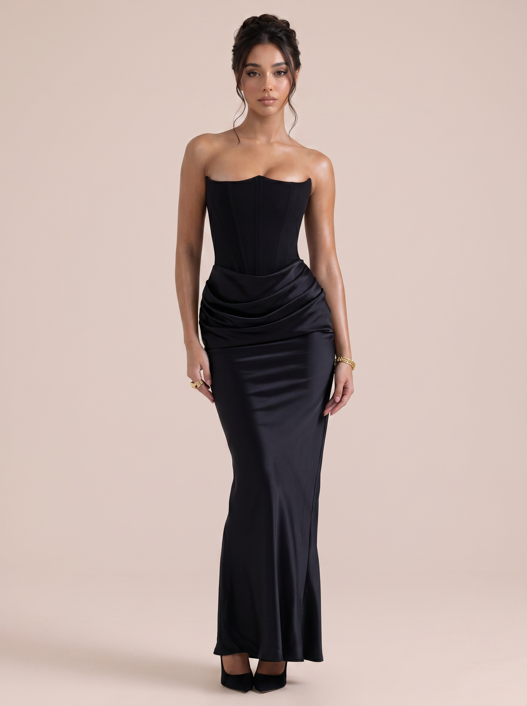 Gia Strapless Fishbone Ruched Maxi Dress