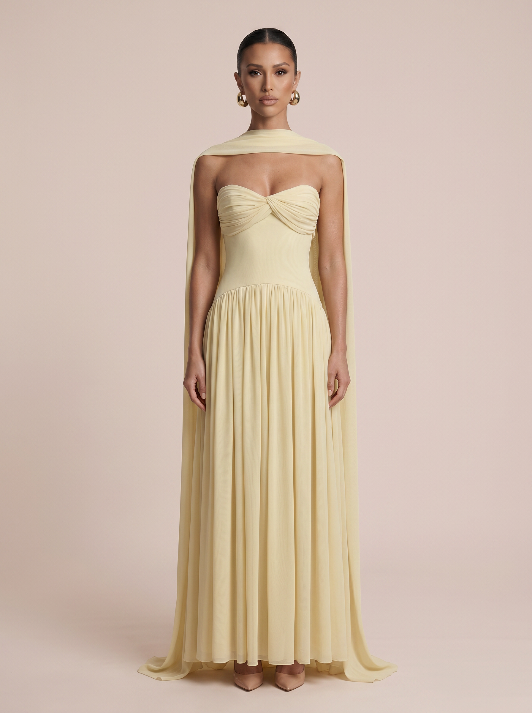 Belsa Yellow Strapless Elegant Pleated A-line Maxi Dress