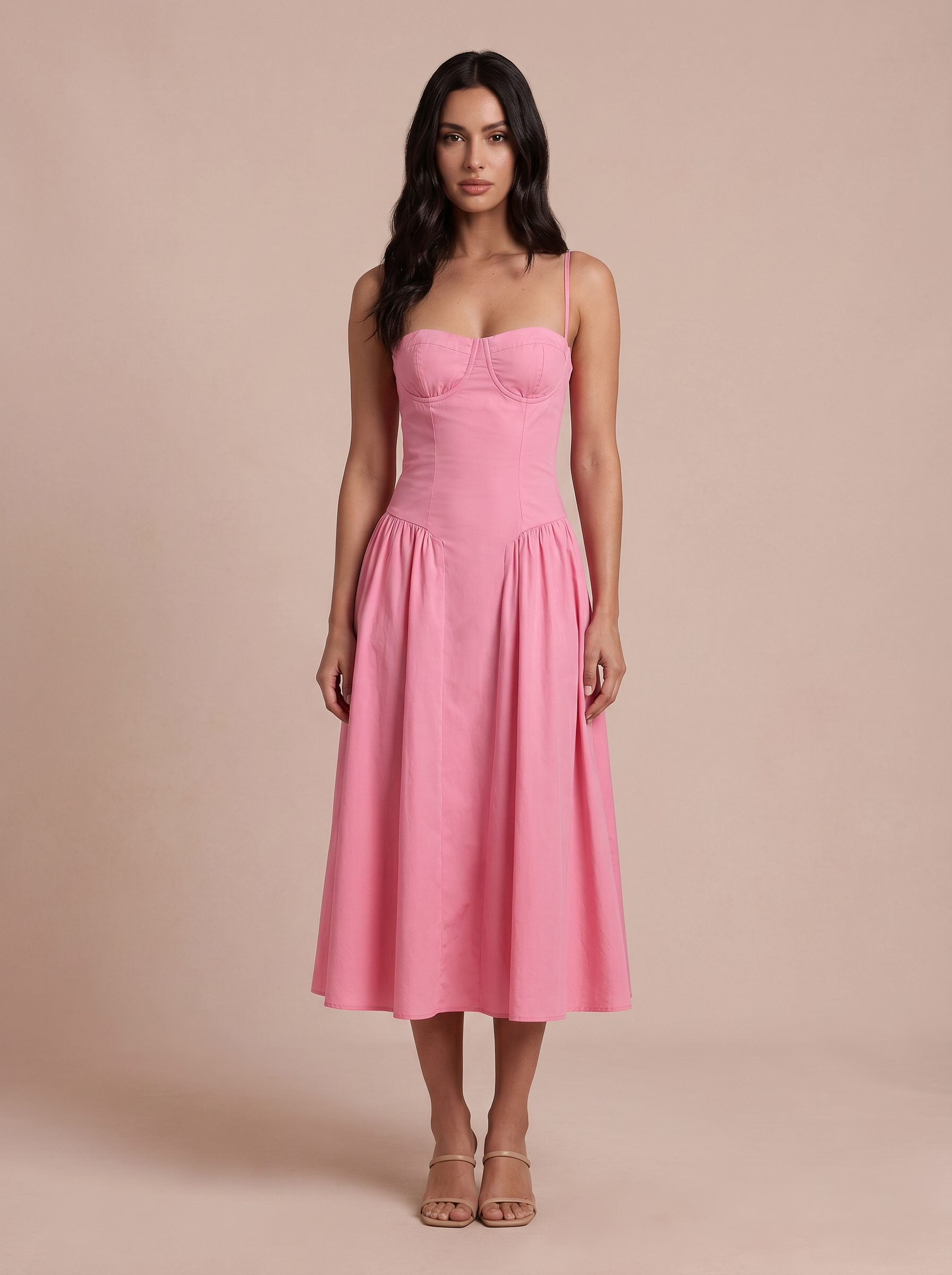 Alexi Pink Corset Spaghetti Strap Midi Sundress Dress