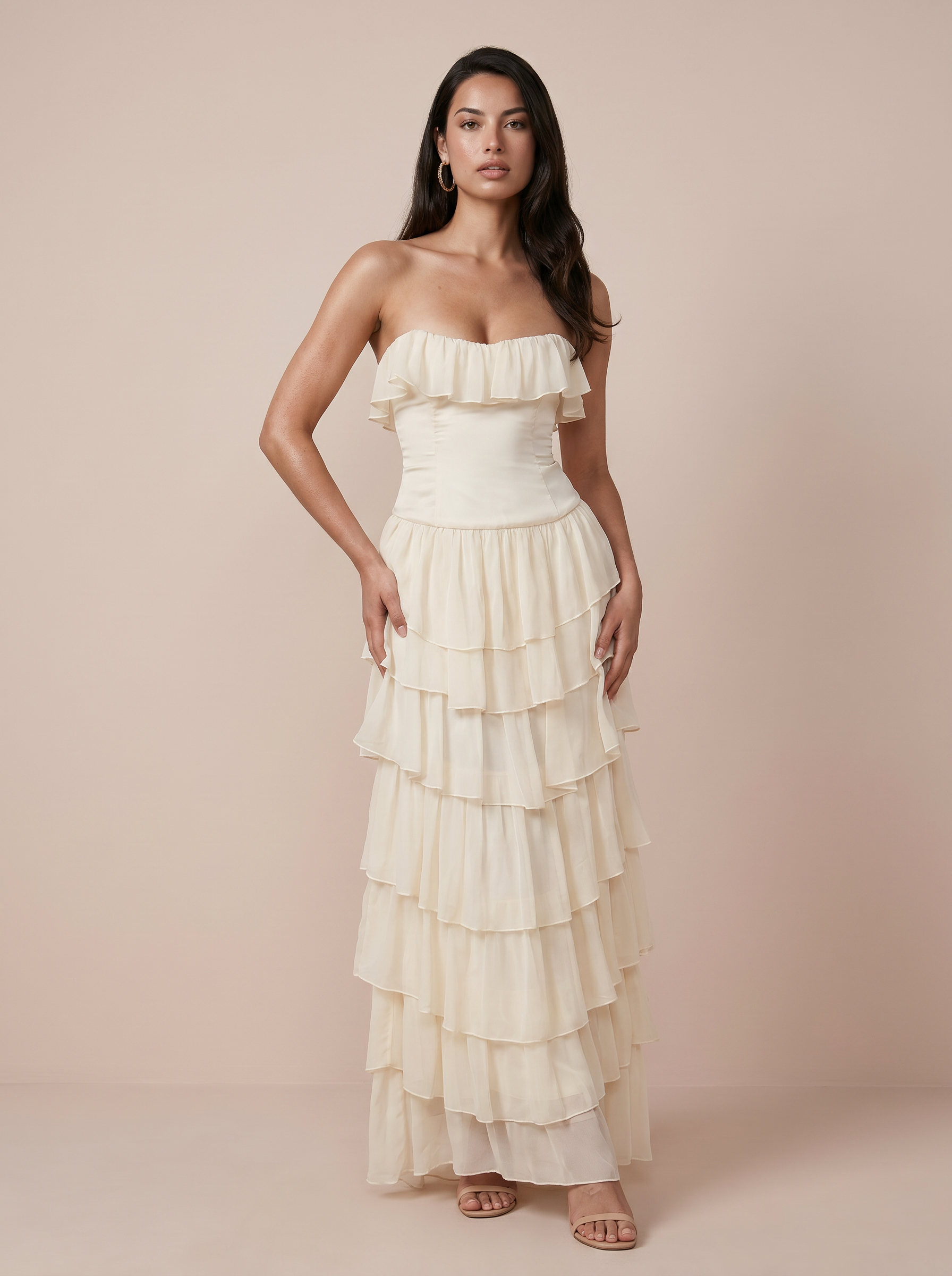 Jolene Strapless Tiered Chiffon Corset Bodice Maxi Dress
