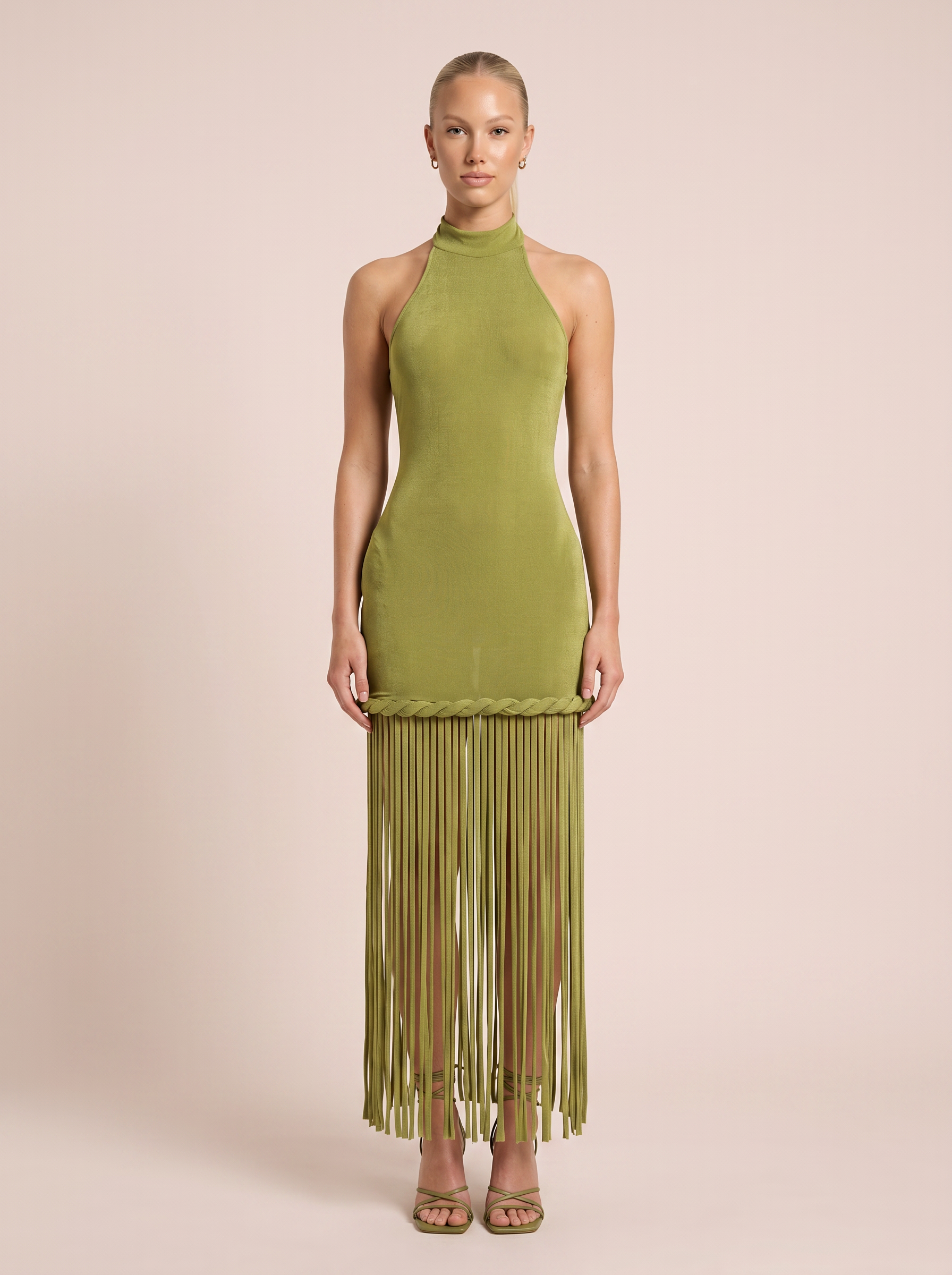 Brivelle Green Tassel Hem Halter Backless Maxi Dress