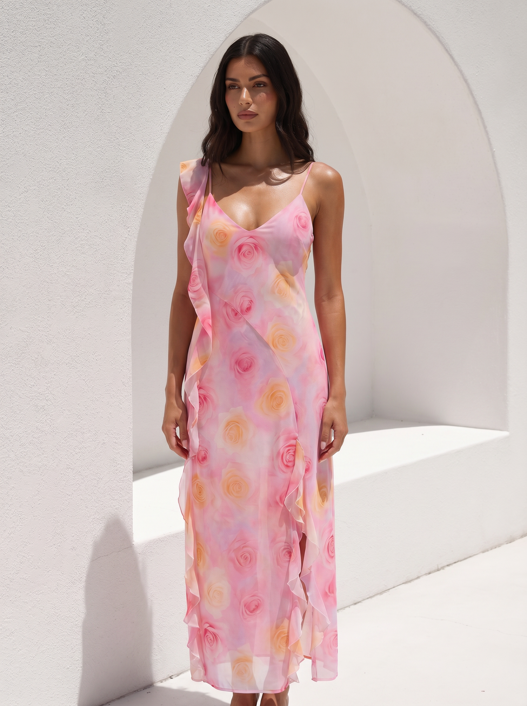 Petalia Pink Floral Ruffle Long Sling Backless Summer Maxi Dress