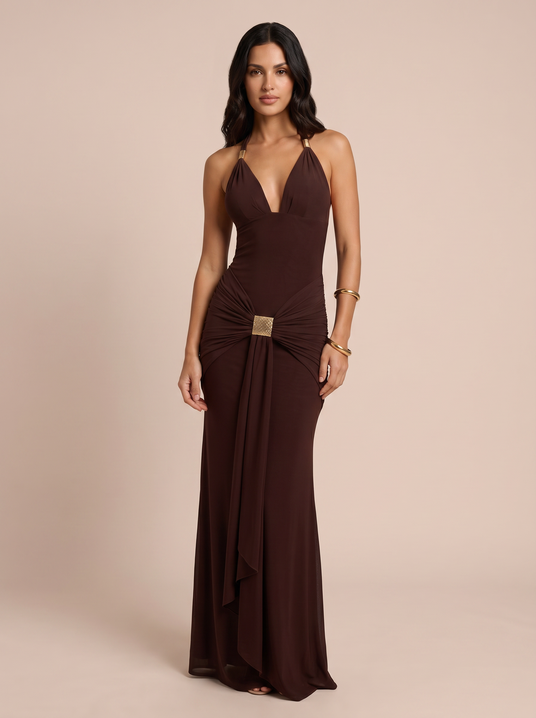 Belladonna Halter Deep V Neck Sleeveless Draped Ruched Maxi Dress