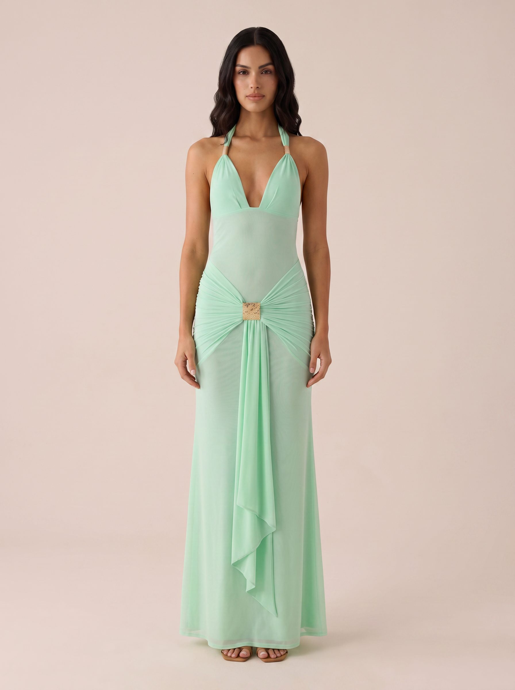 Belladonna Halter Deep V Neck Sleeveless Draped Ruched Maxi Dress
