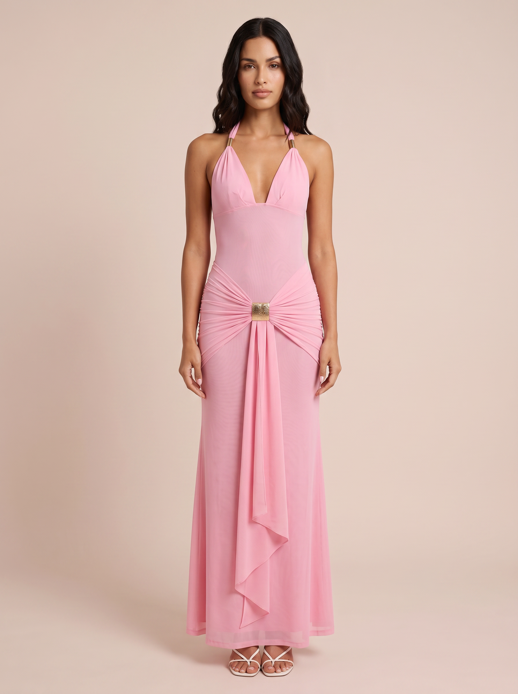 Belladonna Halter Deep V Neck Sleeveless Draped Ruched Maxi Dress