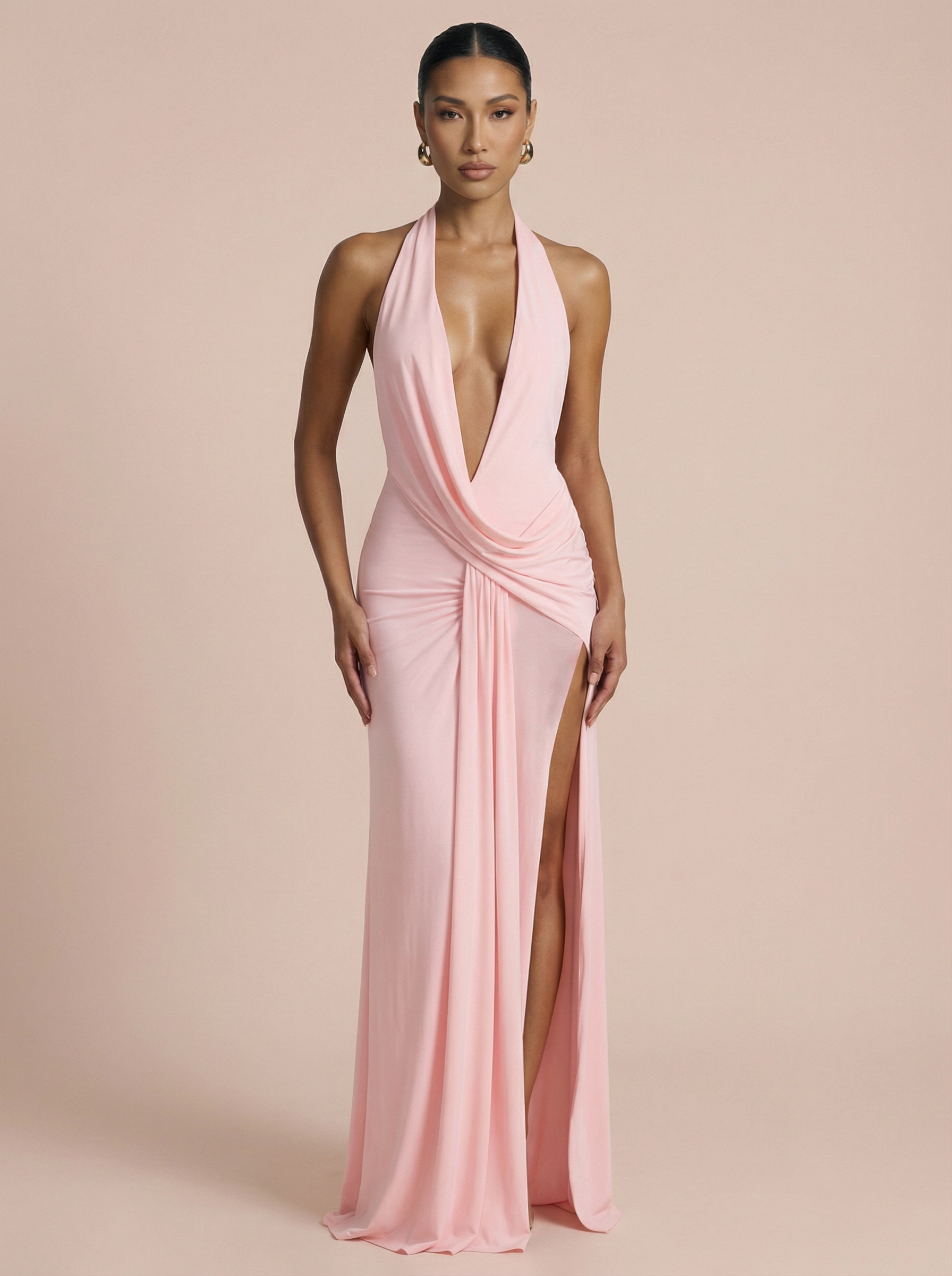 Makena Halter Deep V Neck Backless Maxi