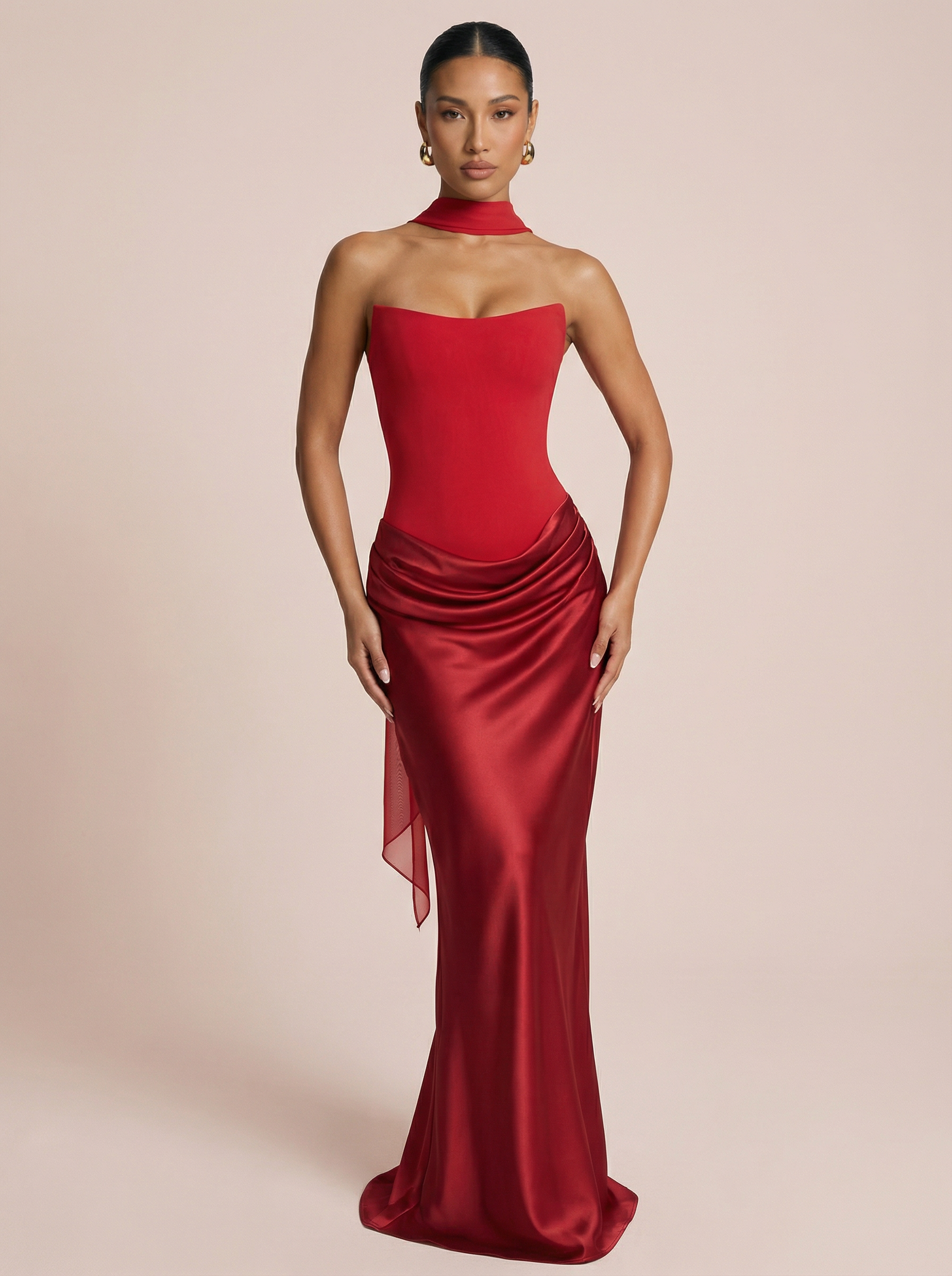Eliana Satin Scarf Pleated Strapless Sleeveless Maxi Dress