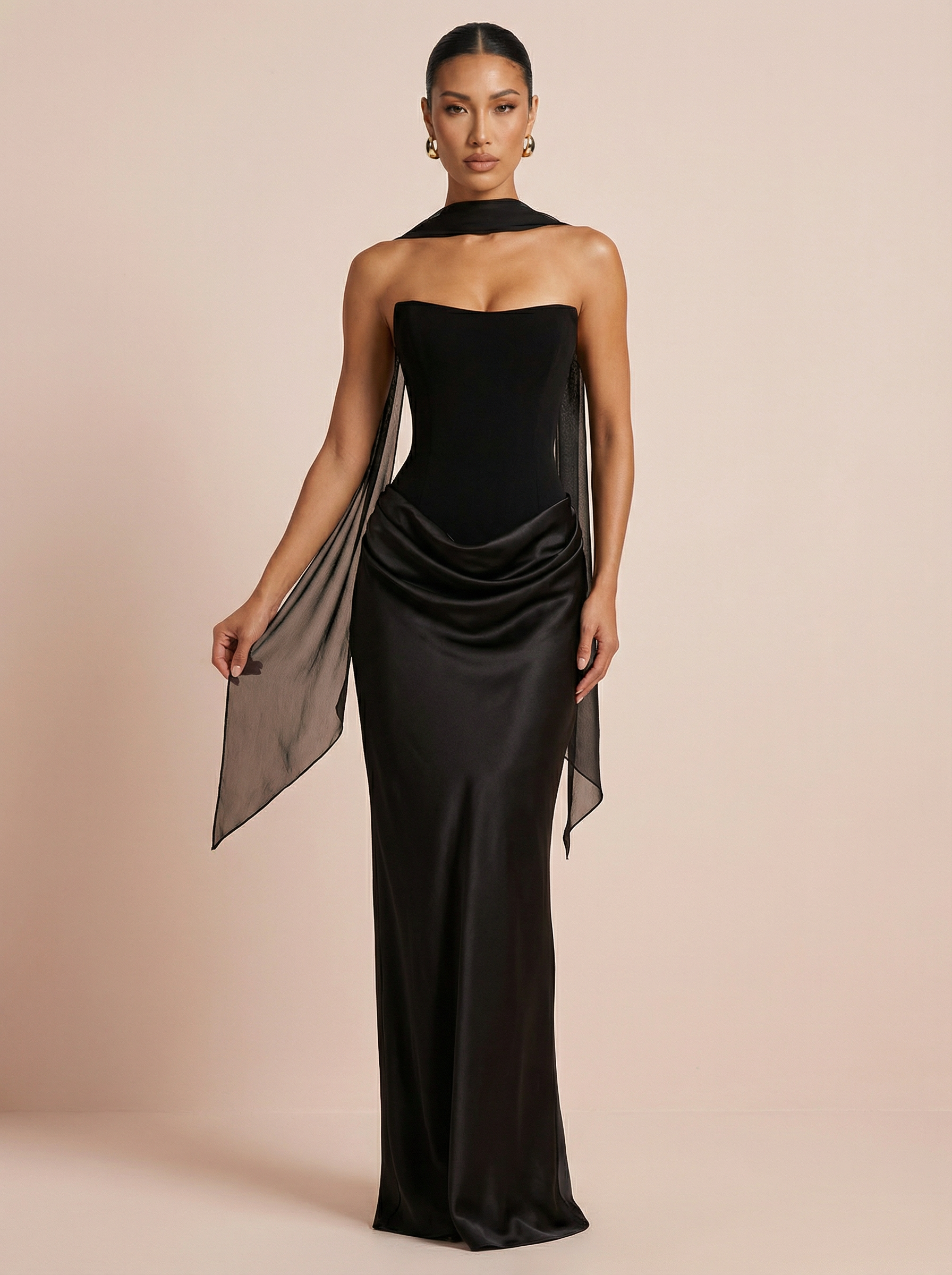 Eliana Satin Scarf Pleated Strapless Sleeveless Maxi Dress