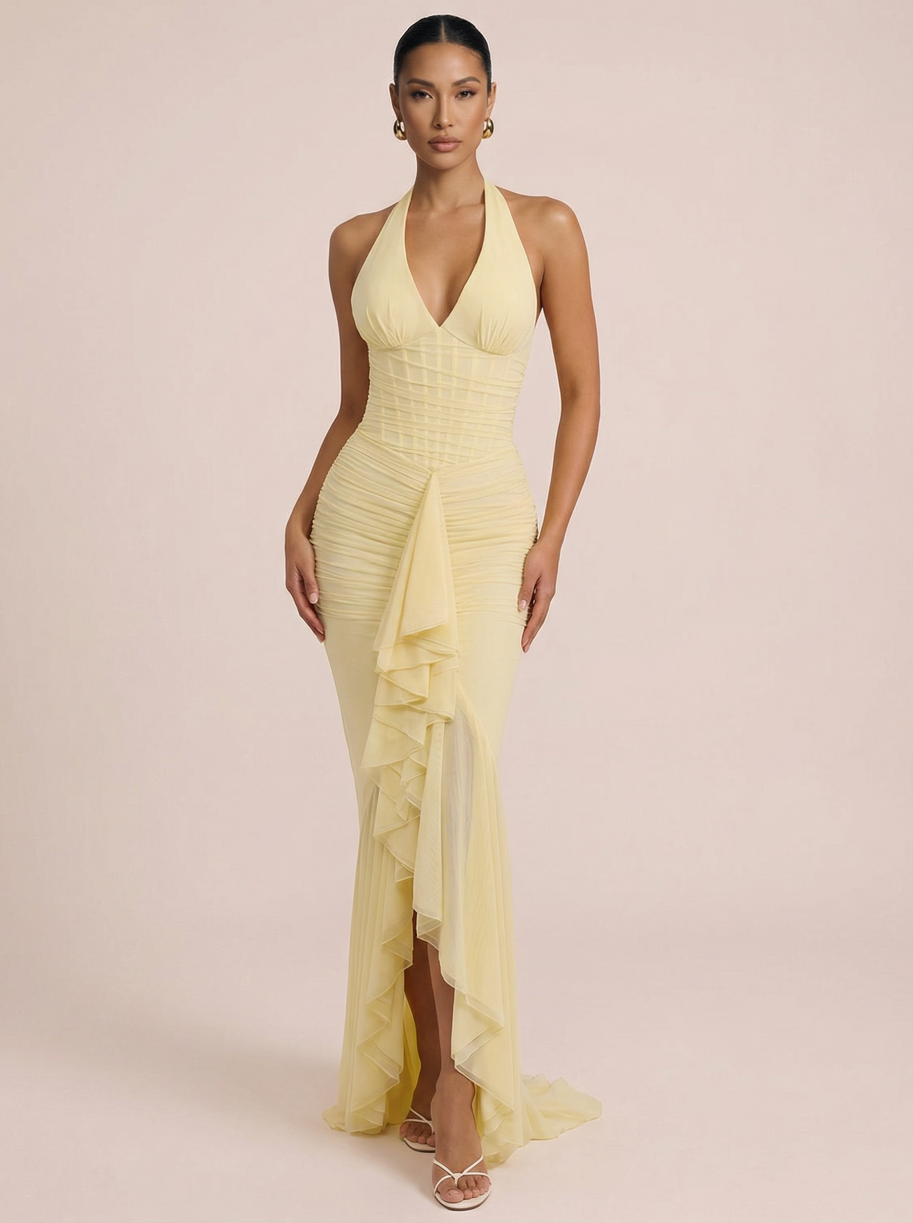 Isodelle Yellow Mesh Deep V Neck Maxi Dress