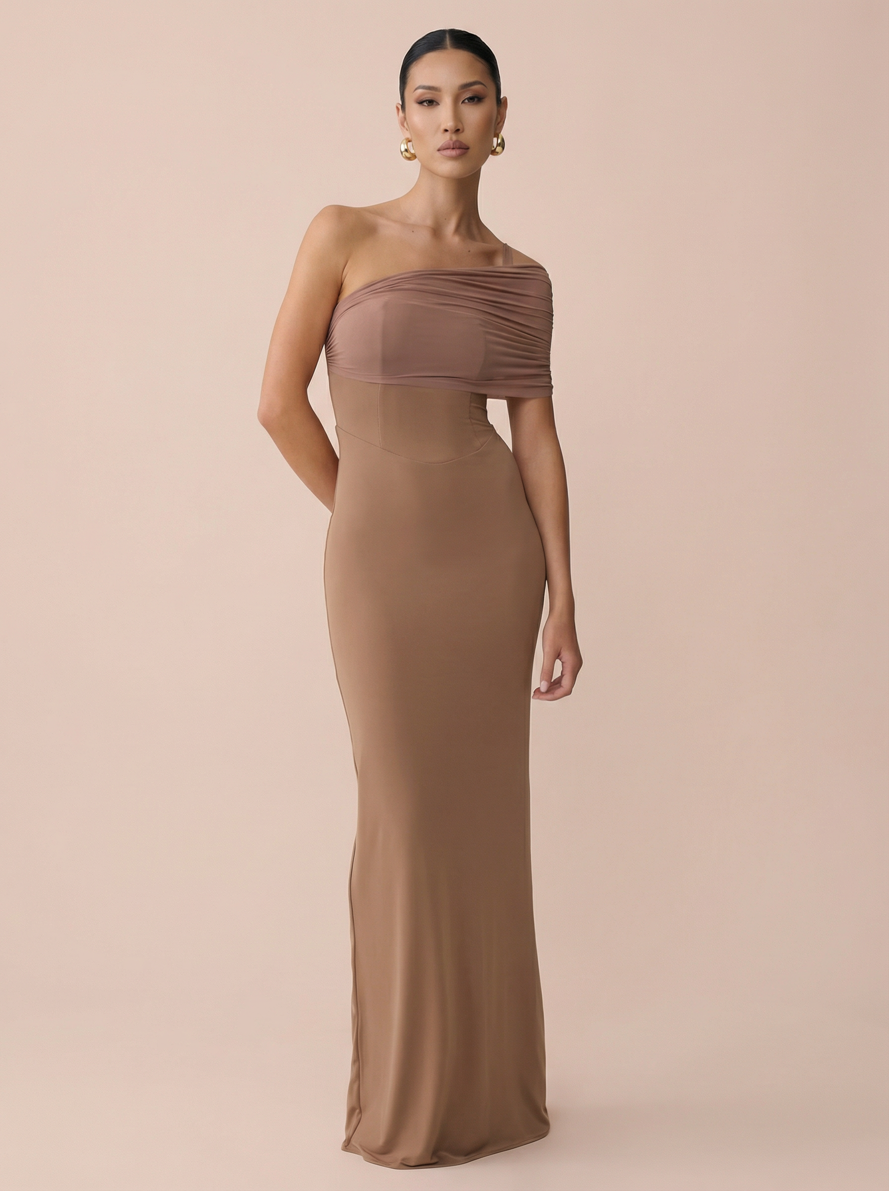 Darla Brown One Shoulder Mesh Maxi Dress