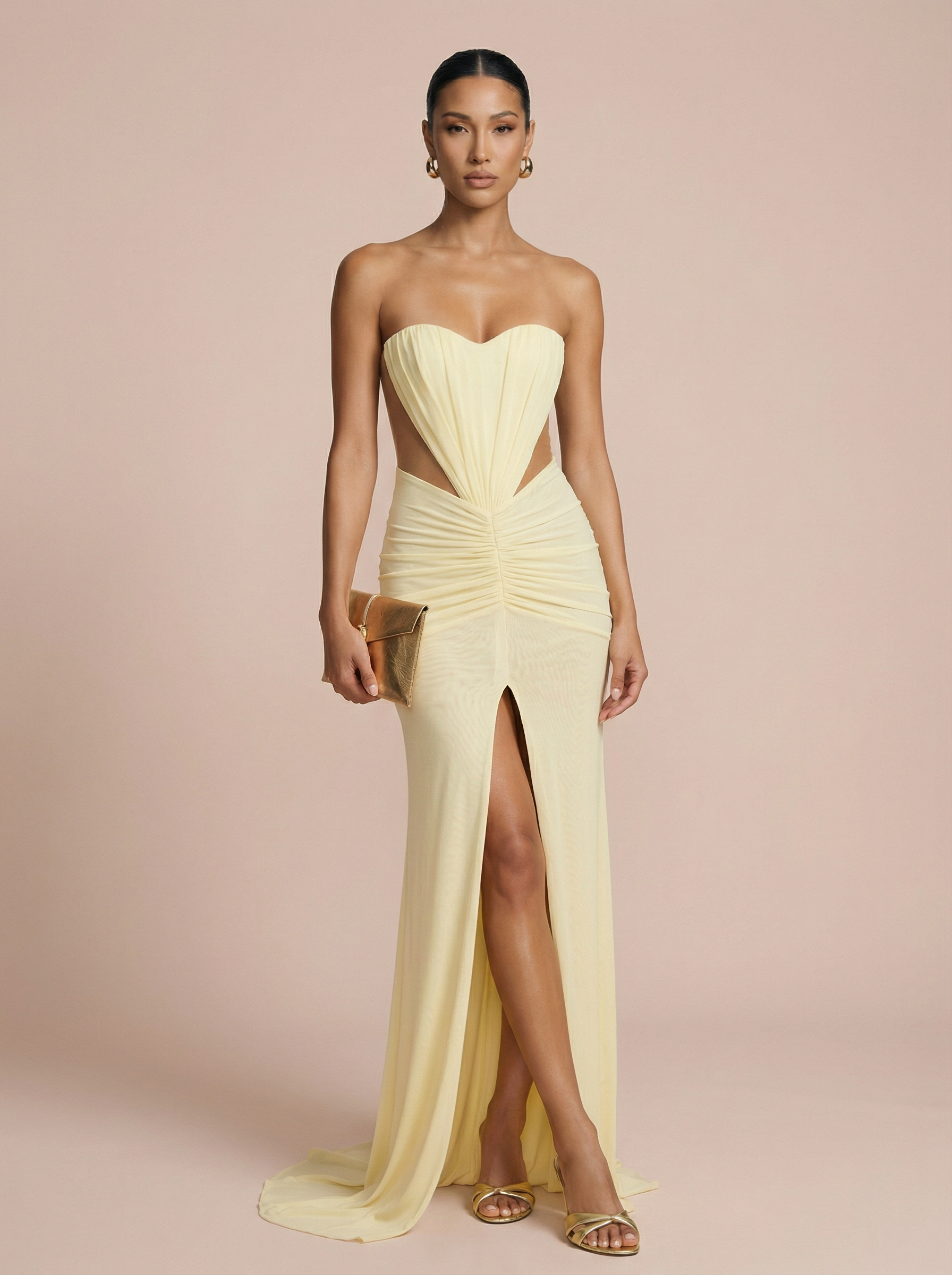 Jarrisa Yellow Sleeveless Ruched Maxi Dress