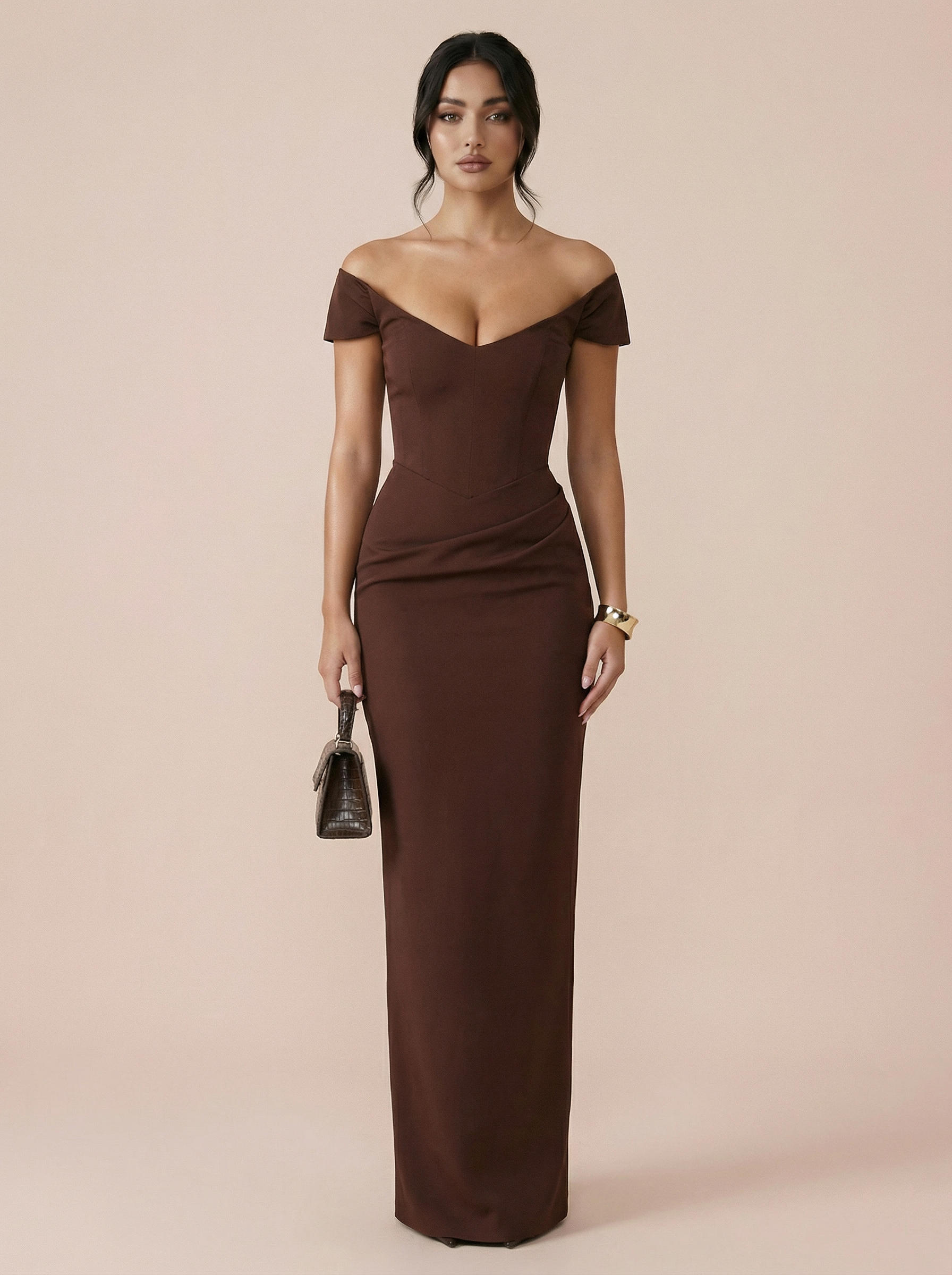 Wavelle Brown V Neck Short Sleeve Maxi Dress
