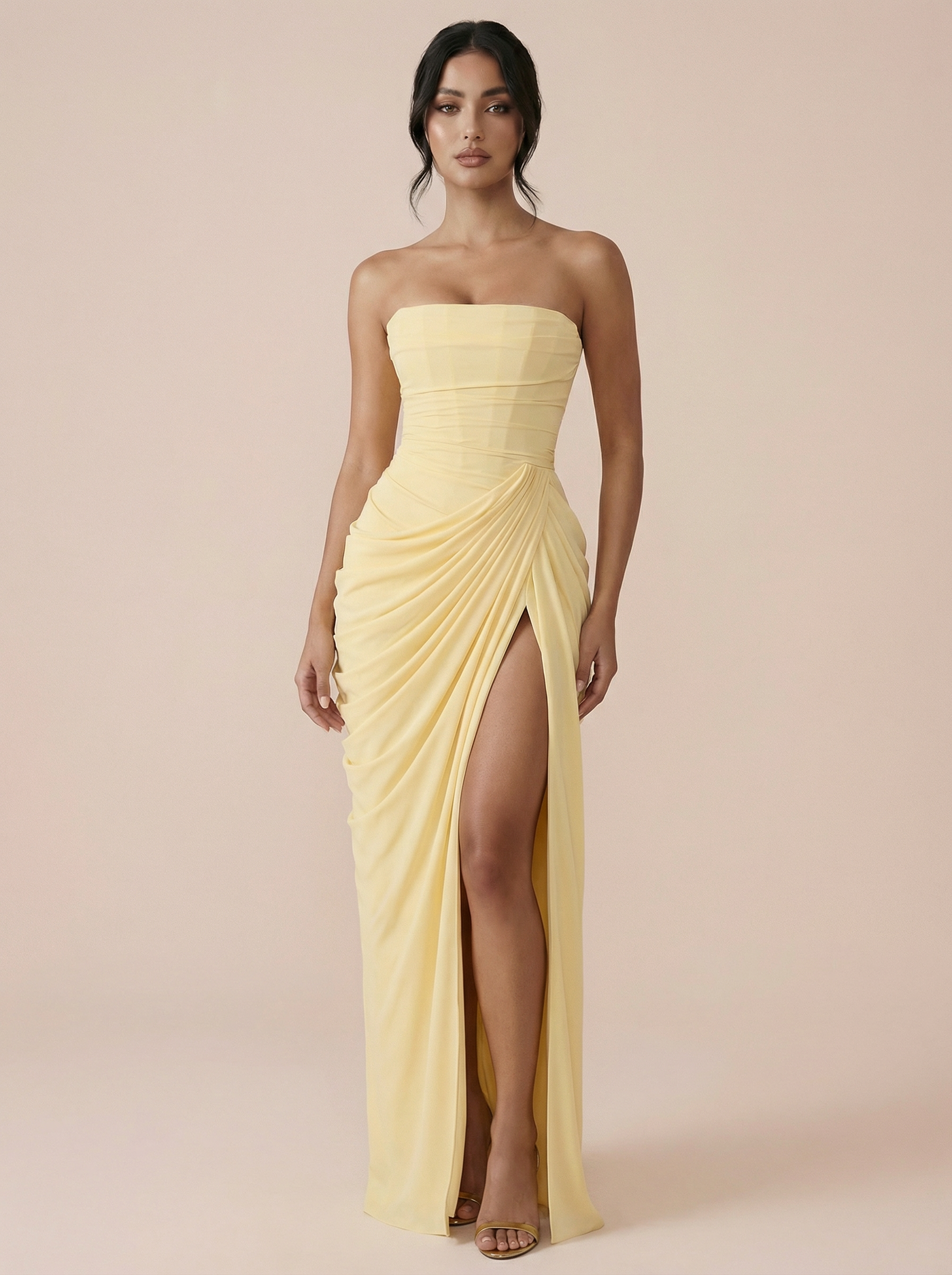 Olivette Yellow Strapless Corset Elegant Maxi Dress
