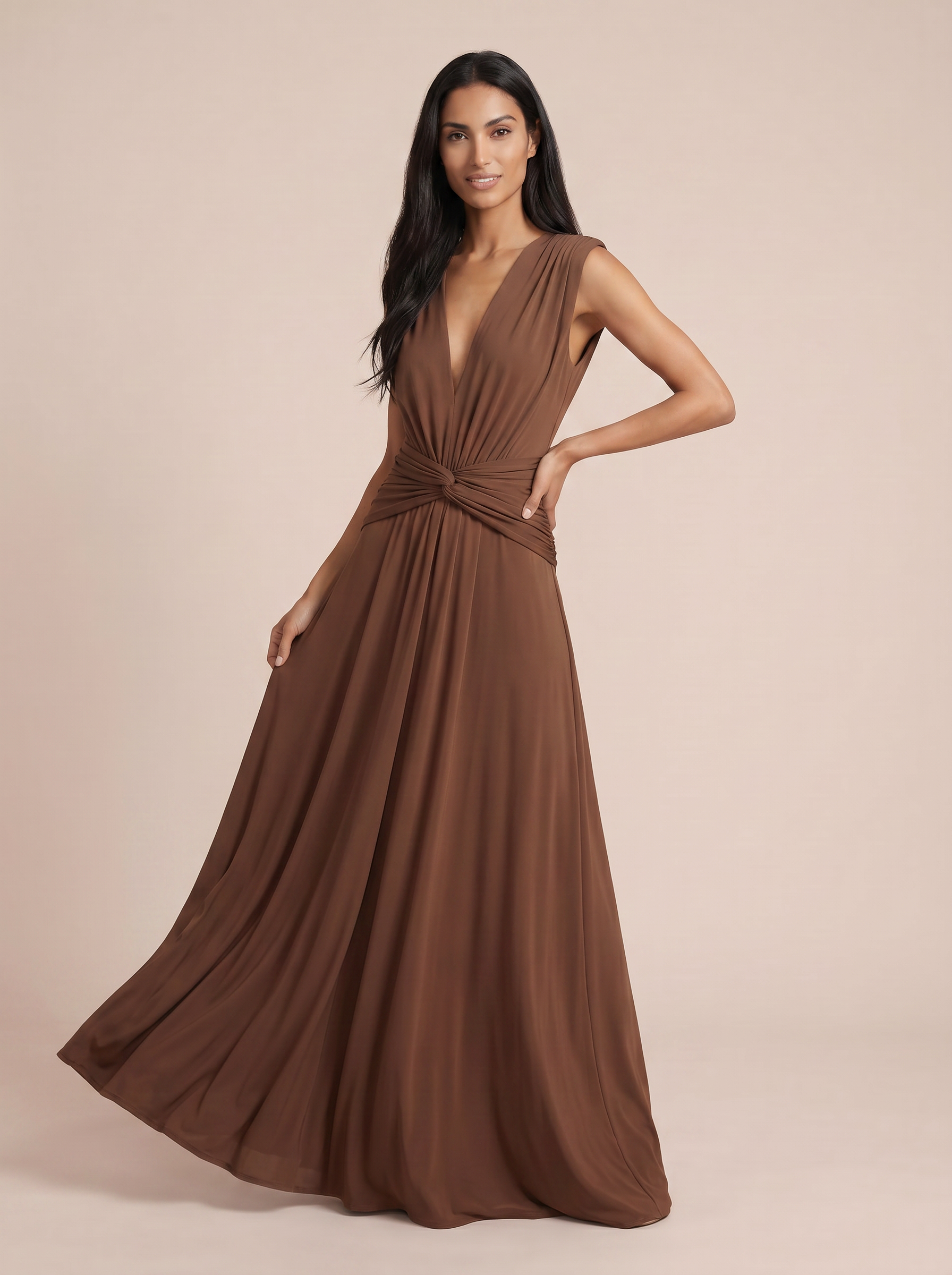 Dovelle Brown Sleeveless Deep V-Neck Ruched Maxi Dresses