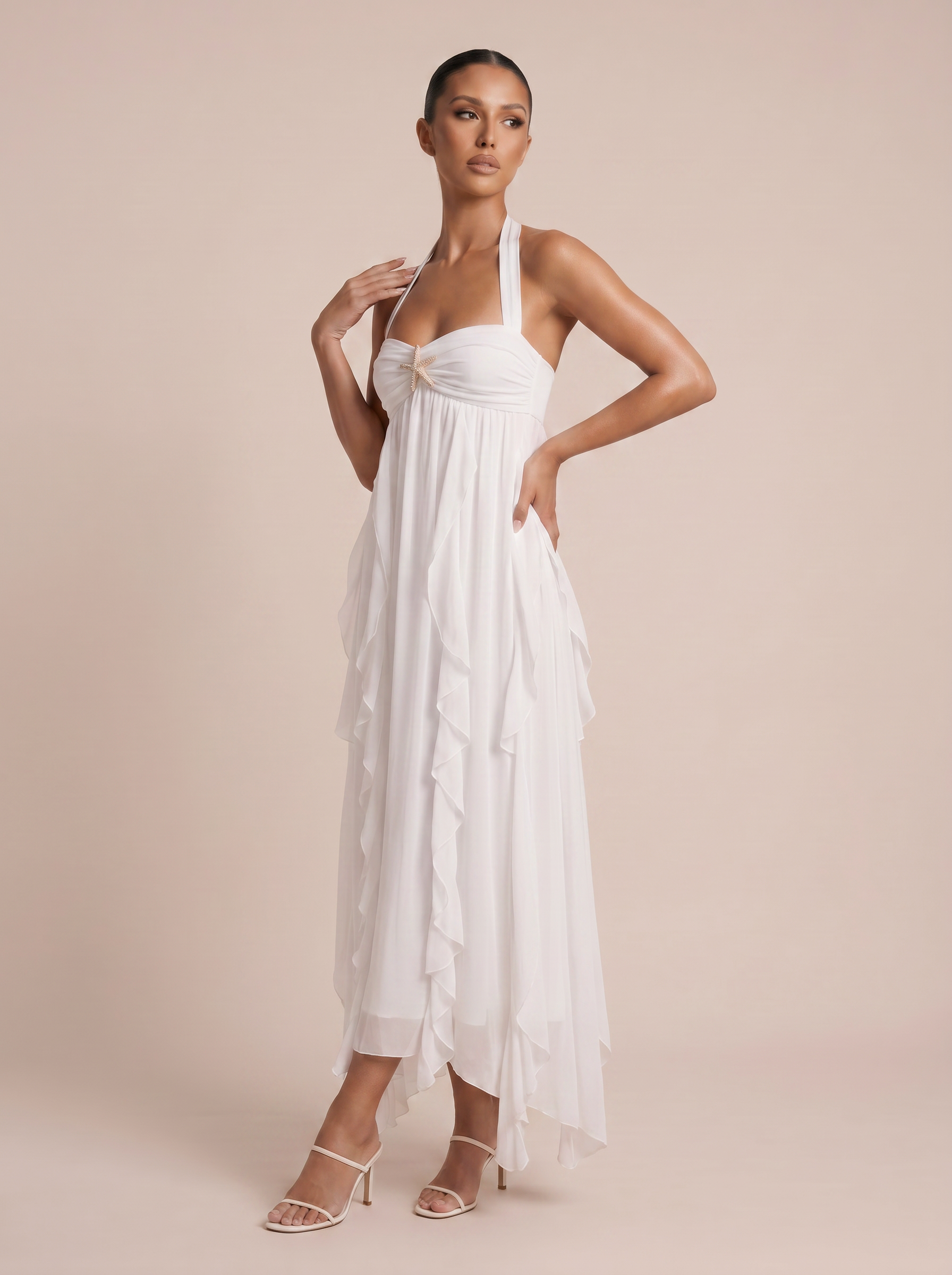 Isodle Strapless Ruffle Halter Backless Summer Maxi Dress