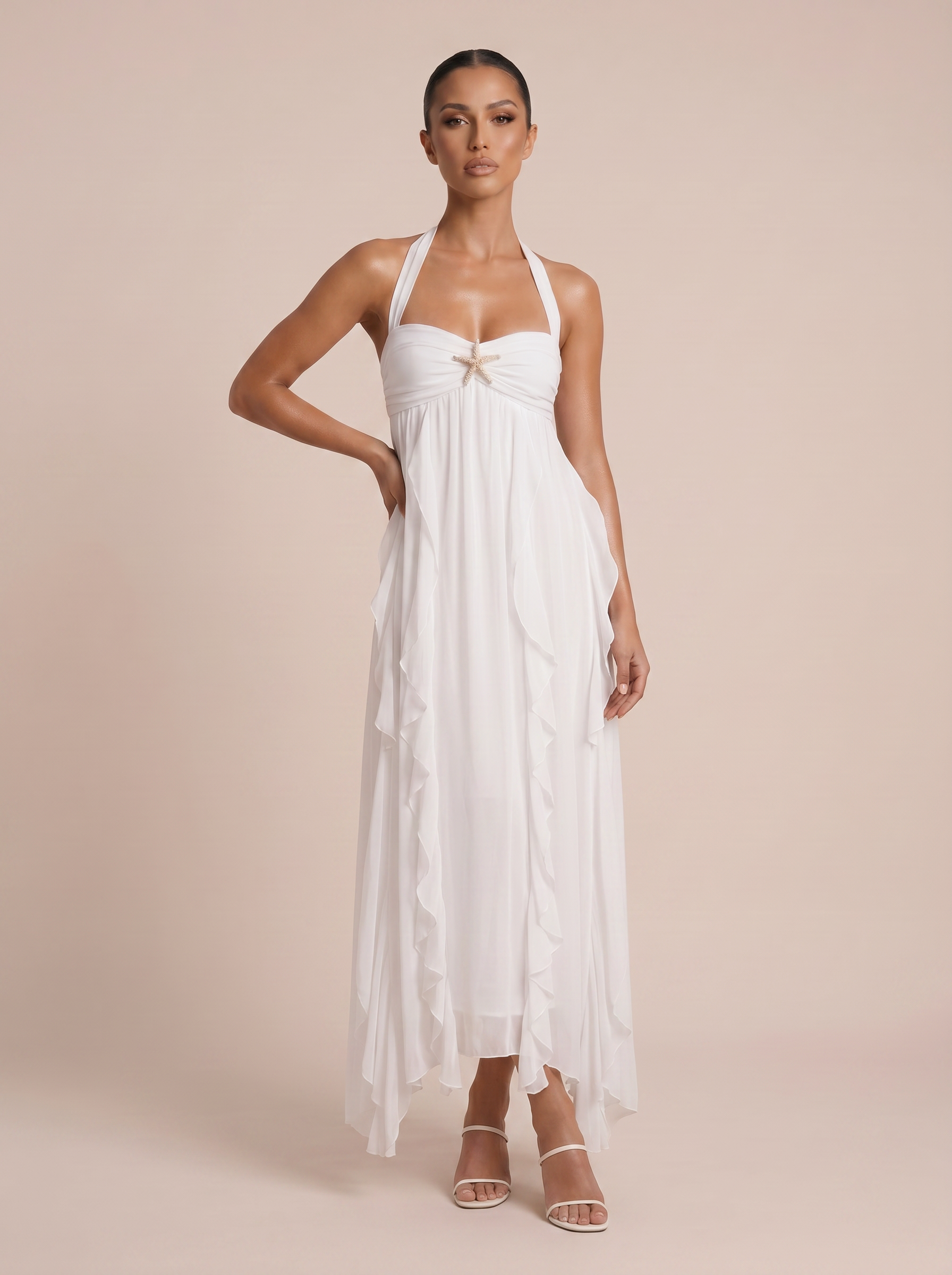 Isodle Strapless Ruffle Halter Backless Summer Maxi Dress