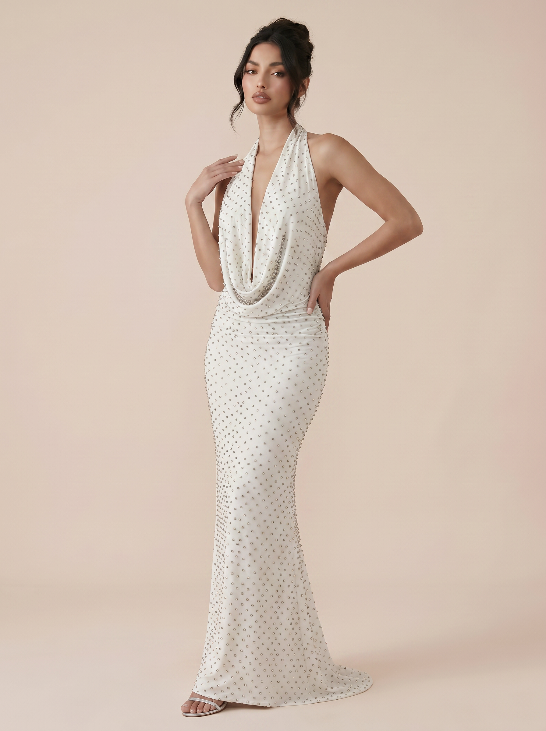 Lazira White Beaded Halter Sleeveless V-Neck Backless Maxi Dress