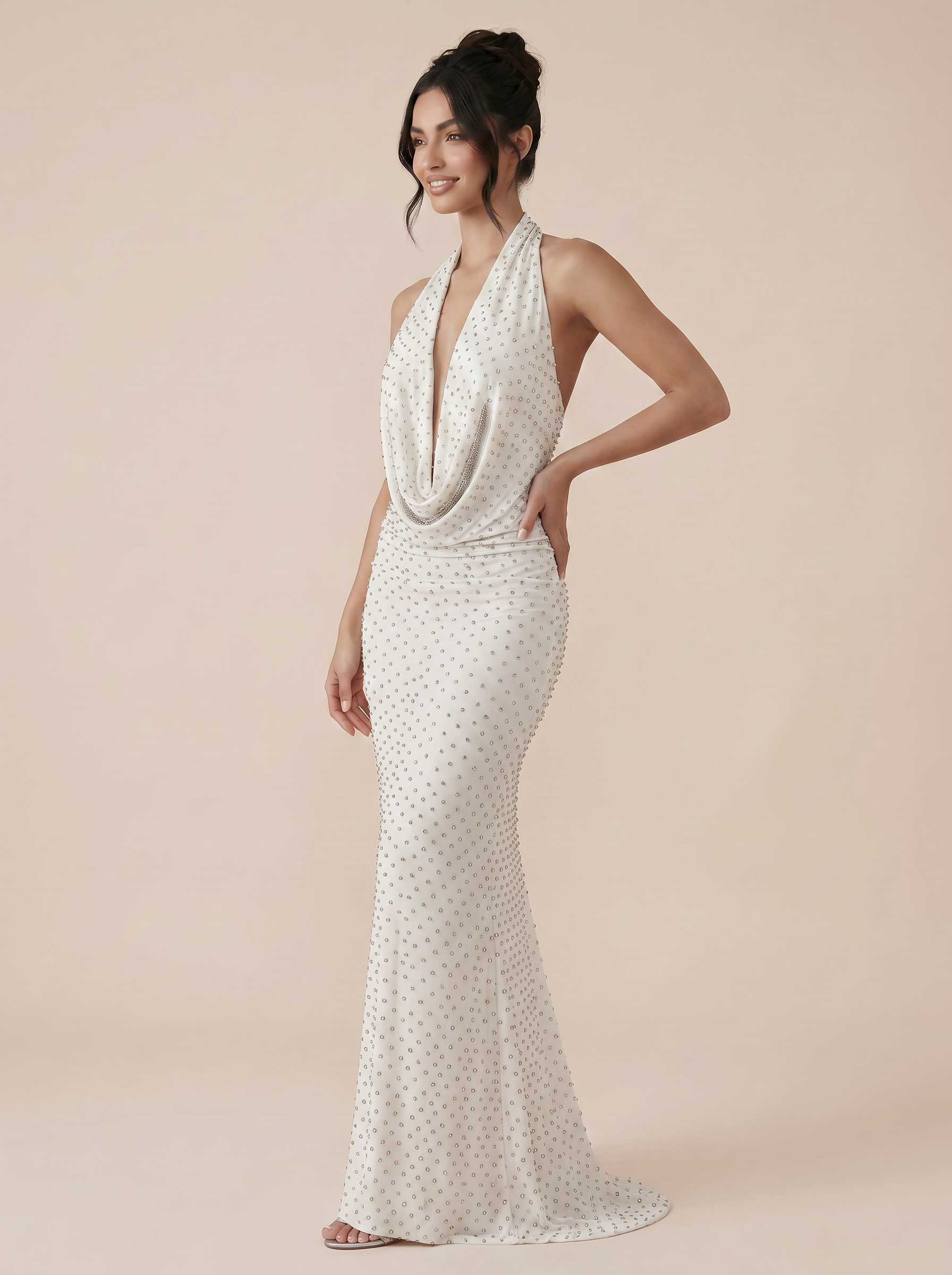 Lazira White Beaded Halter Sleeveless V-Neck Backless Maxi Dress