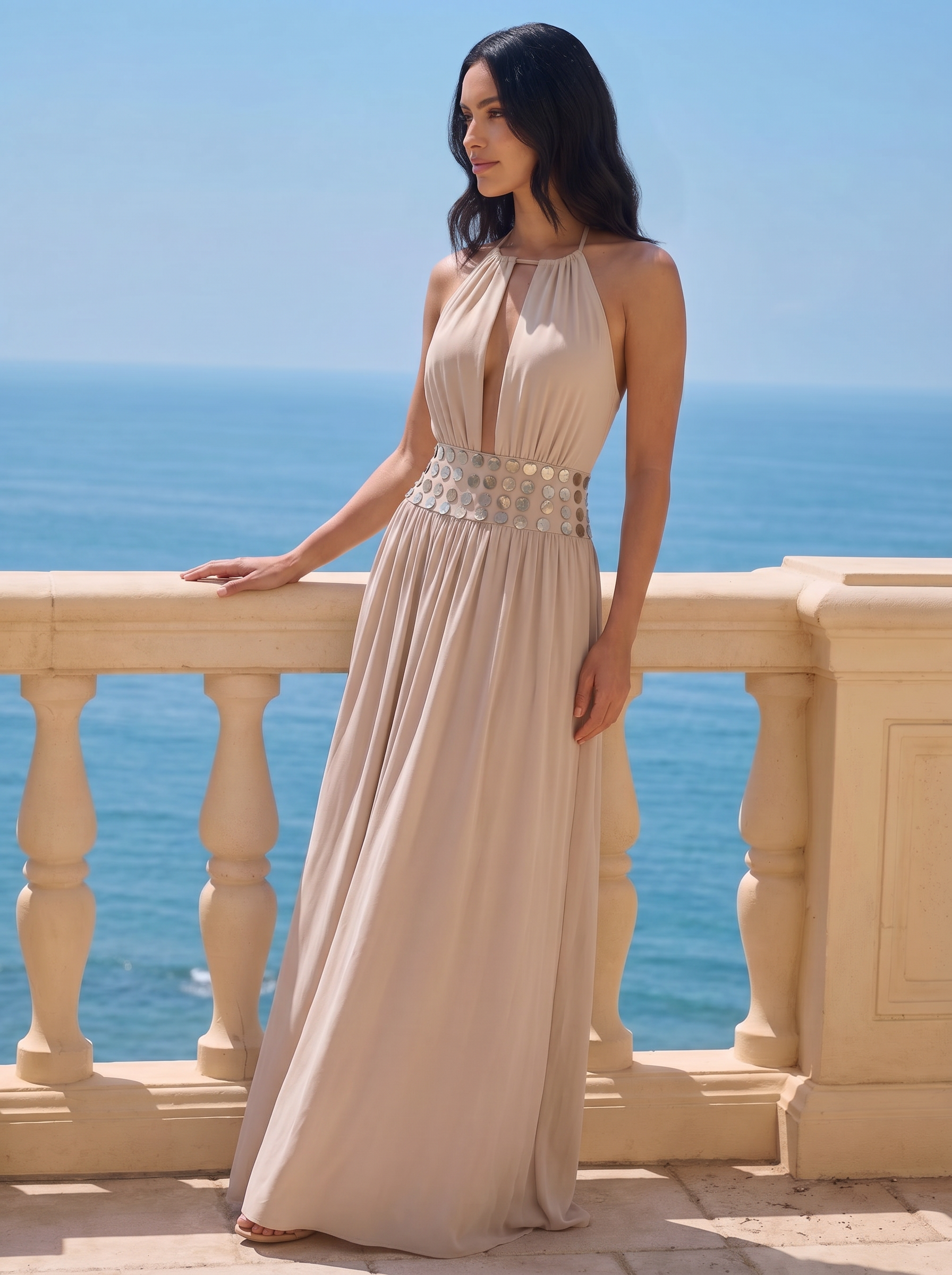 Zanira Mermaid Button Halter Backless Halter Maxi Dress