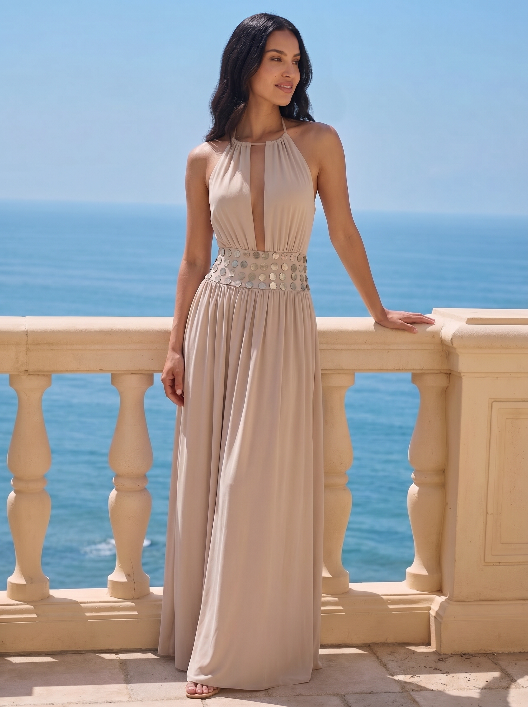 Zanira Mermaid Button Halter Backless Halter Maxi Dress