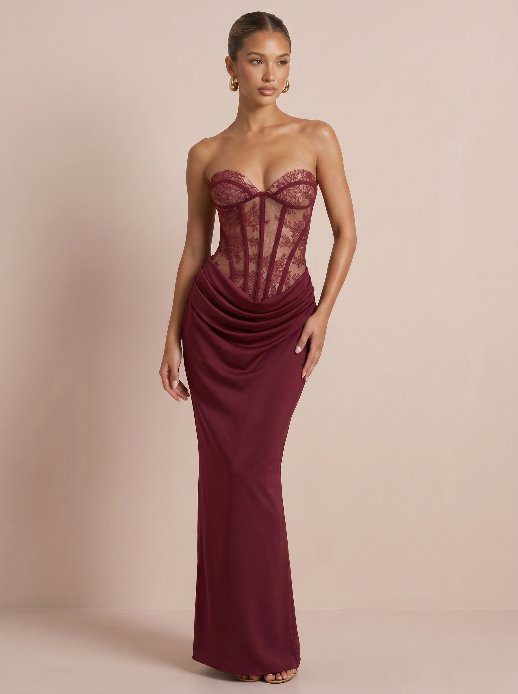 Ariah Lace Satin Strapless Maxi Dress