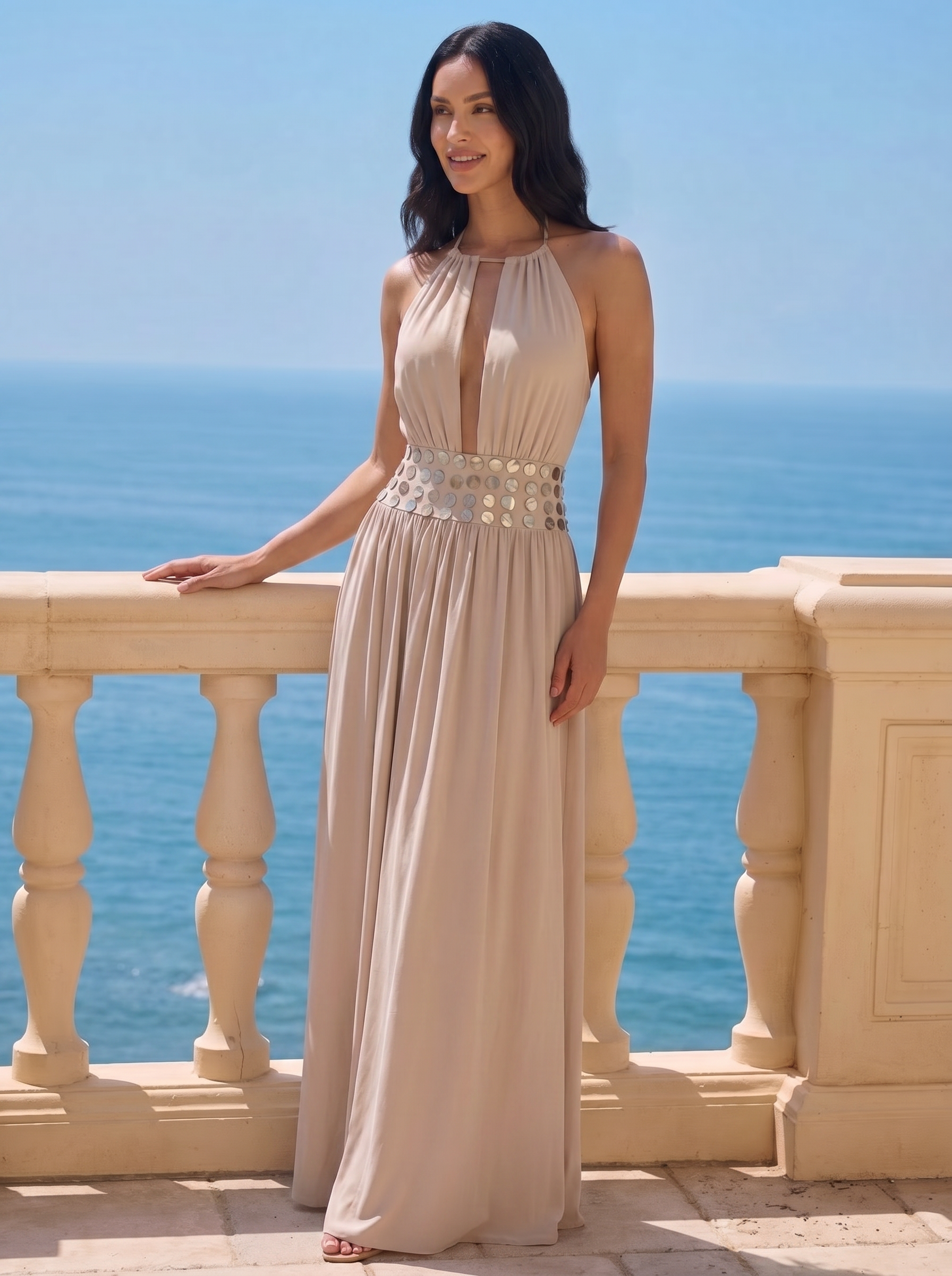 Zanira Mermaid Button Halter Backless Halter Maxi Dress