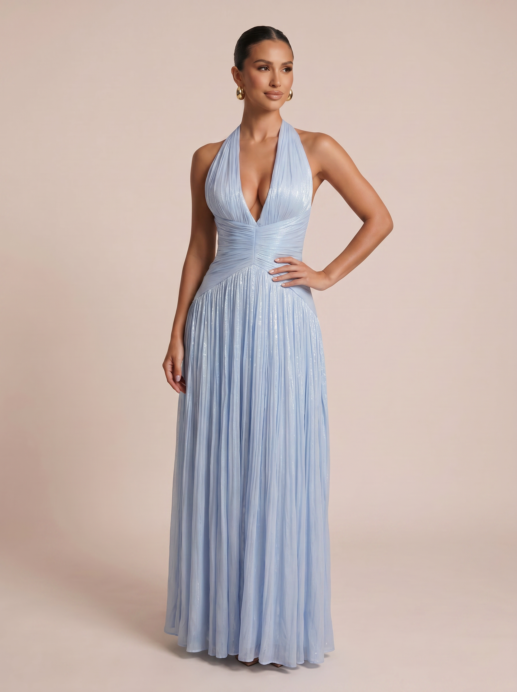 Simia Blue Elegant V Neck Sleeveless Maxi Dress