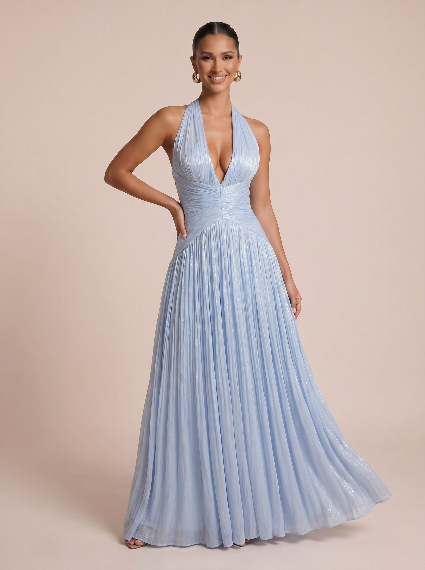 Simia Blue Elegant V Neck Sleeveless Maxi Dress