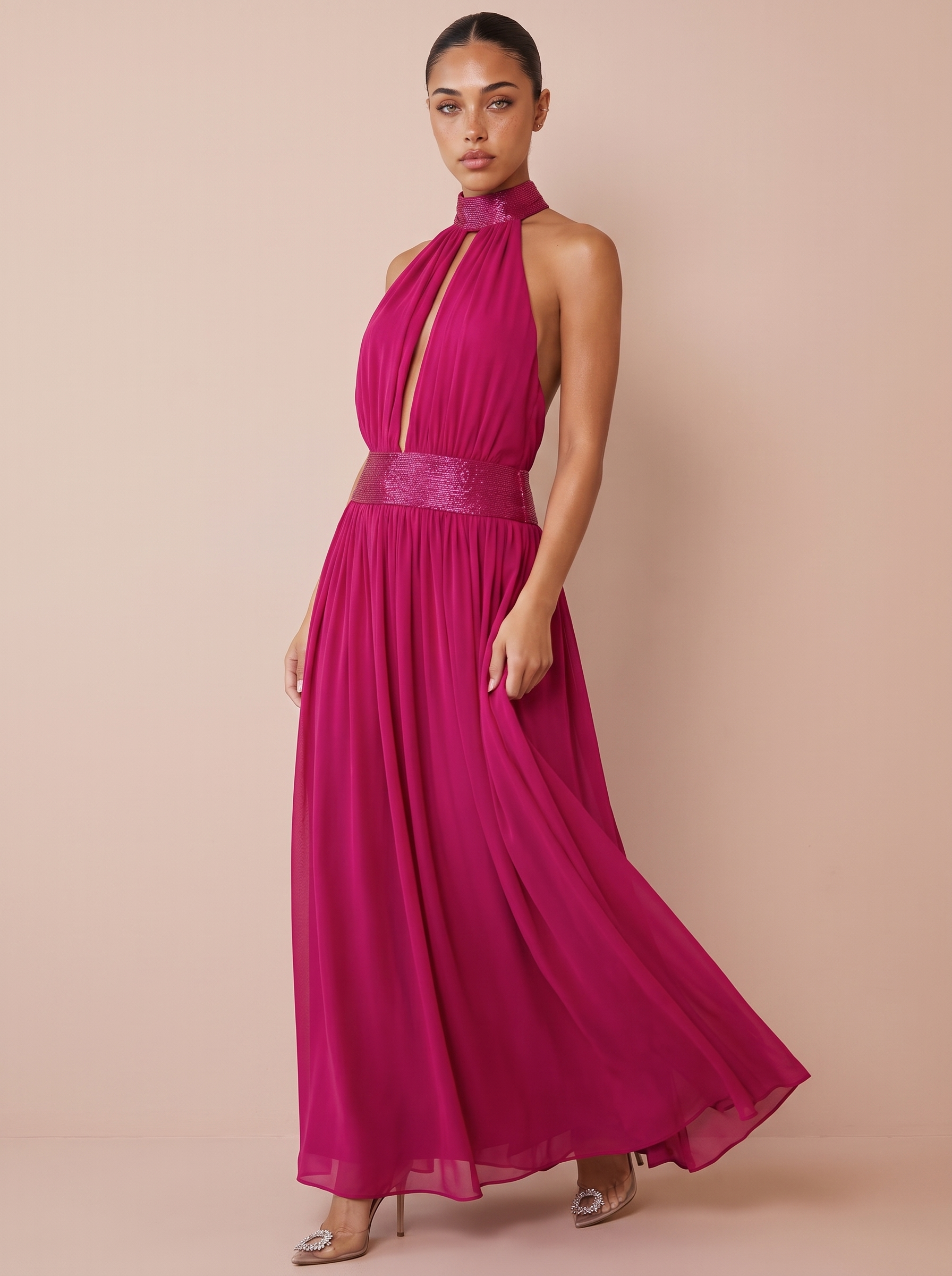Sloane Halter Cut Out Sequin Backless Maxi Dress