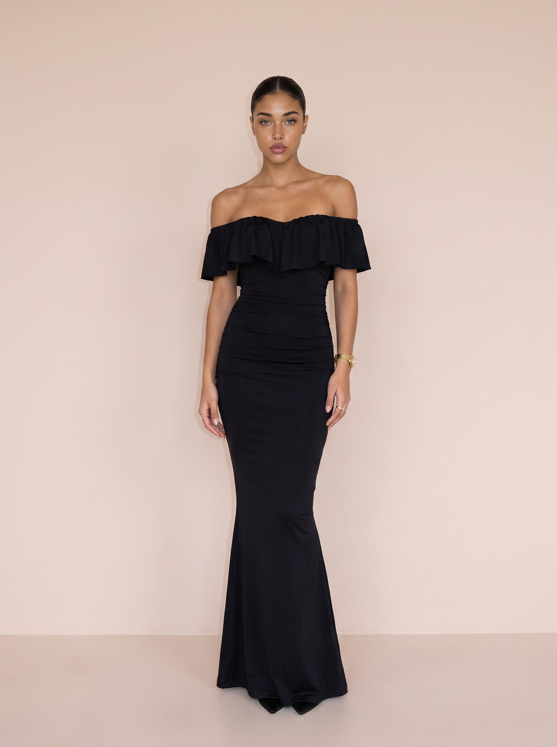 Fay Off Shoulder Strapless Black Ruched Maxi Dress