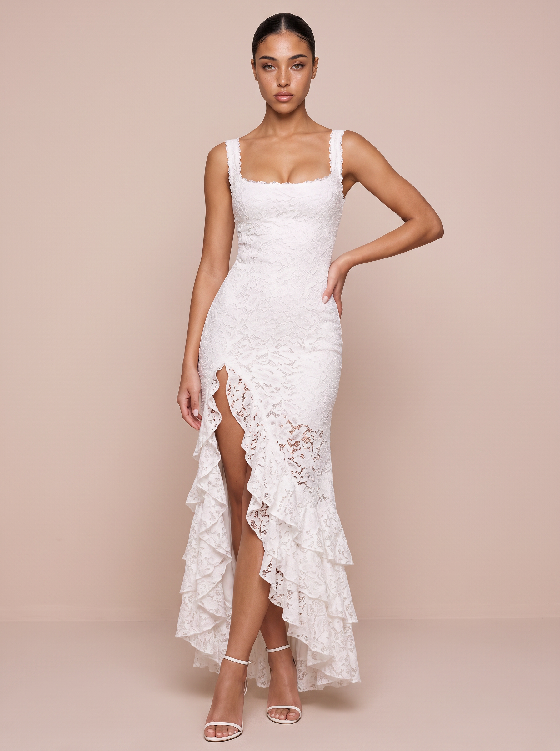 Marilyn Square Strap Ruffle Lace Mermaid Maxi Dress
