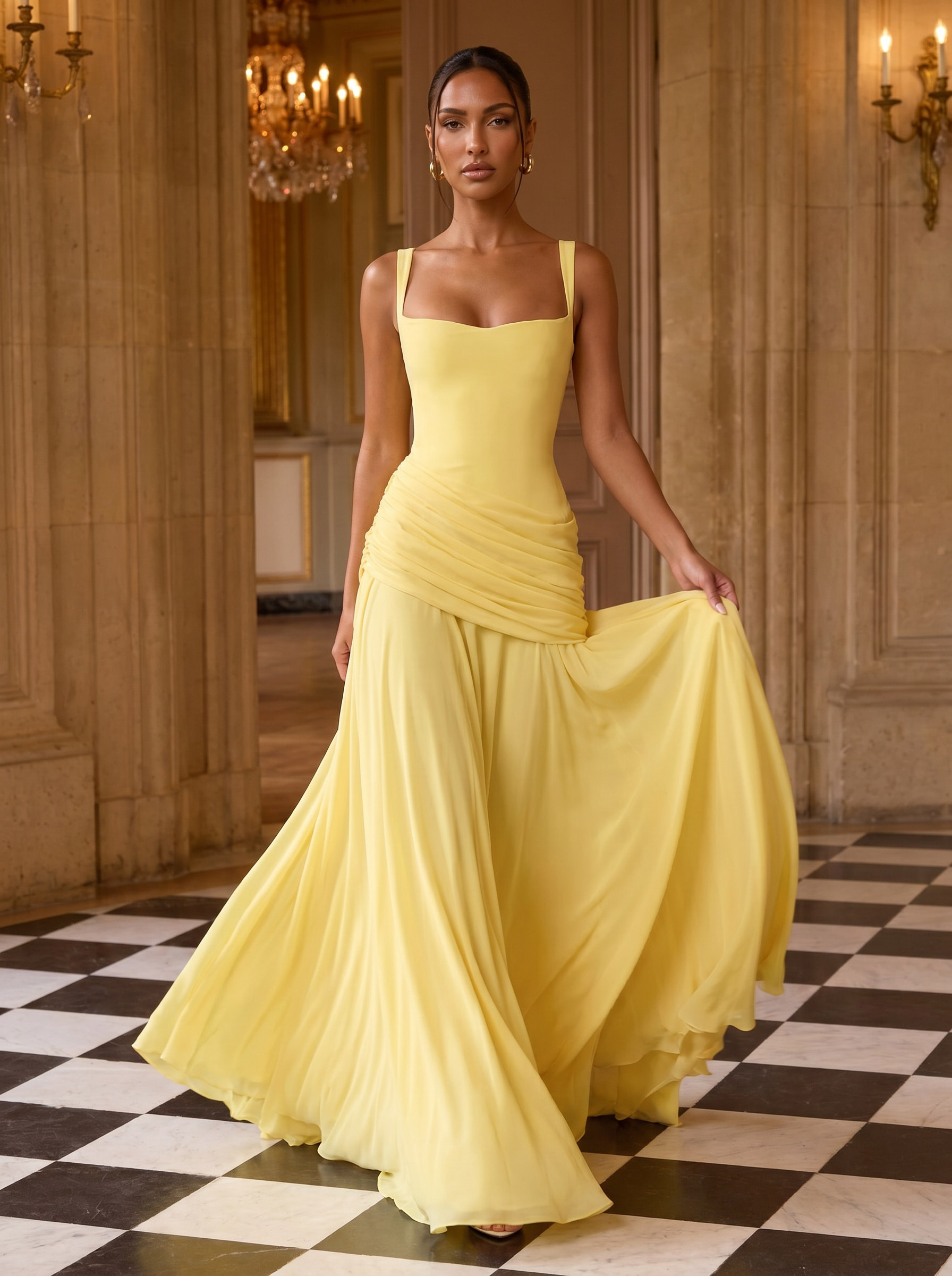 Dazania Yellow Square Collar A-Line Maxi Dress