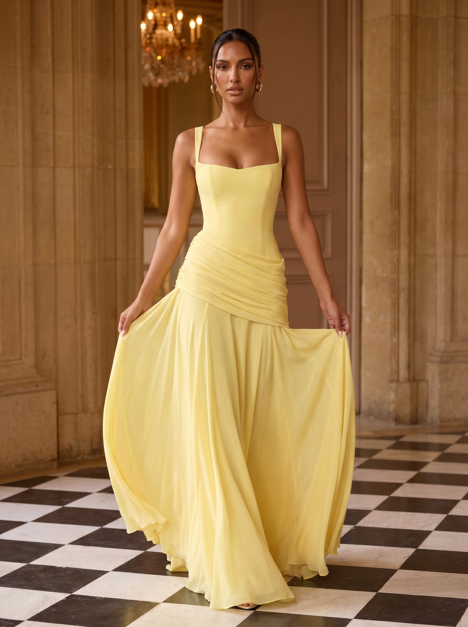 Dazania Yellow Square Collar A-Line Maxi Dress