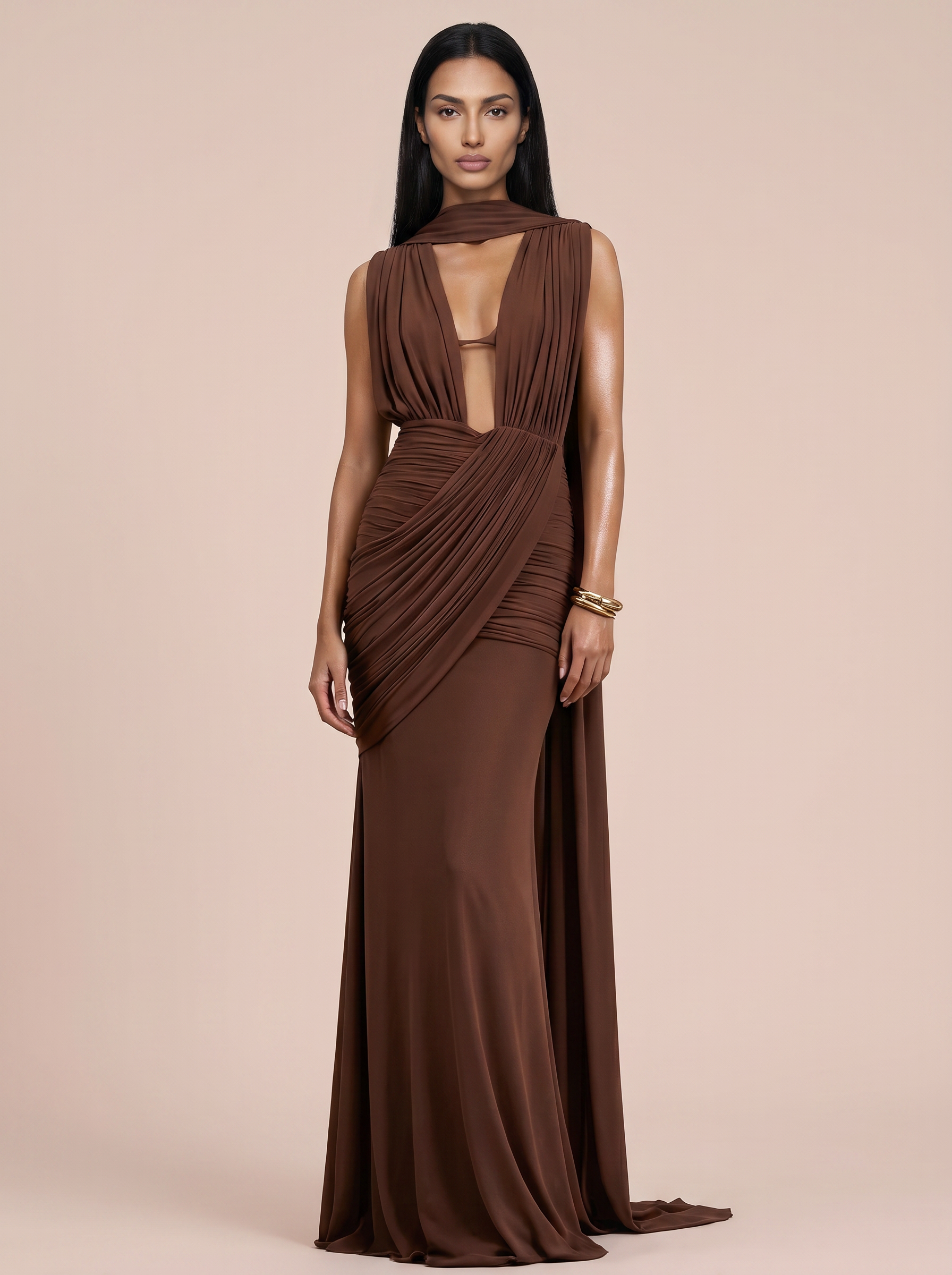 Paloma Brown Halter Sleeveless Scarf Maxi Dress