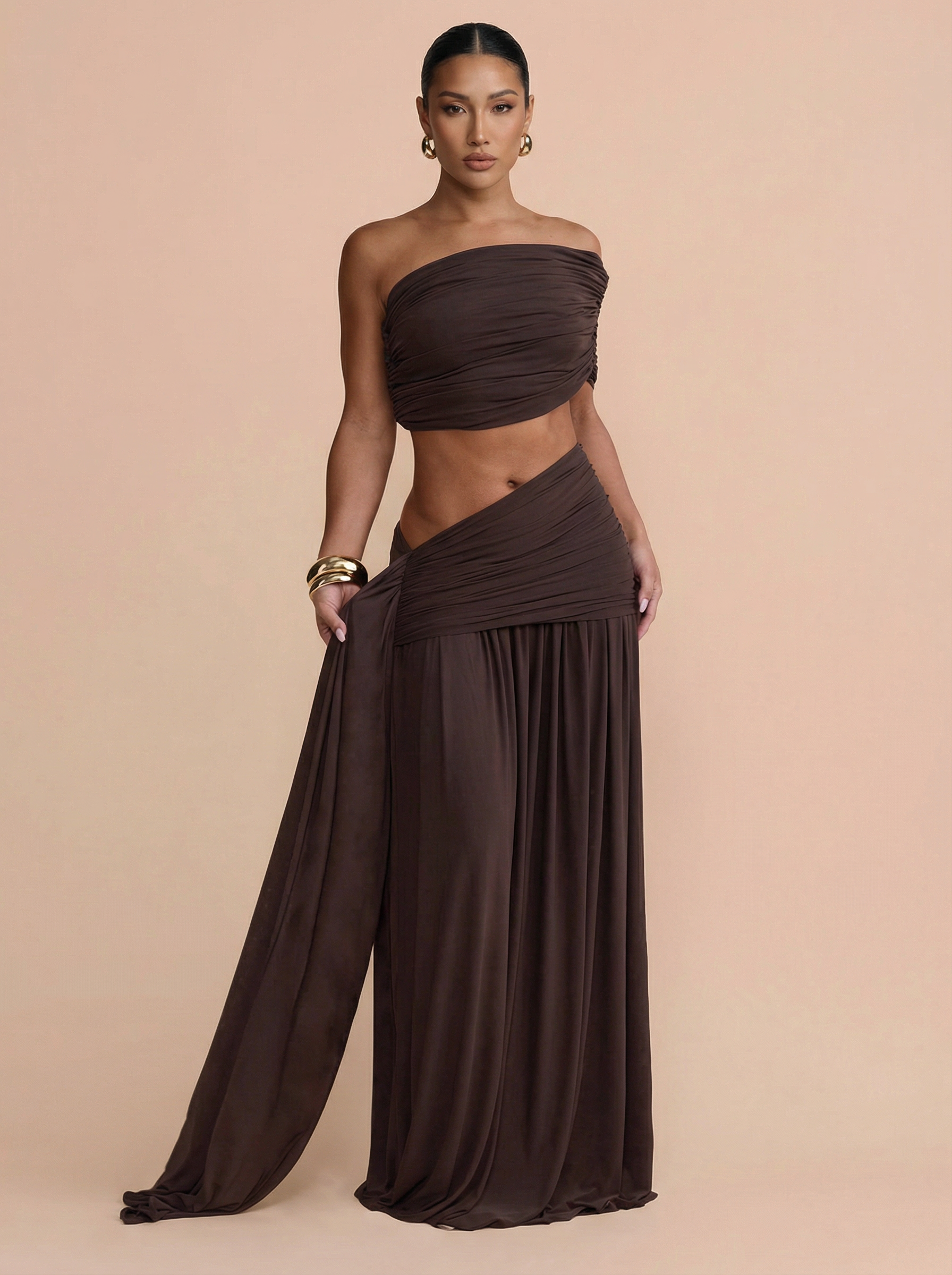 Galirina Off Shoulder Crop Top & Maxi Set Two Piece Set