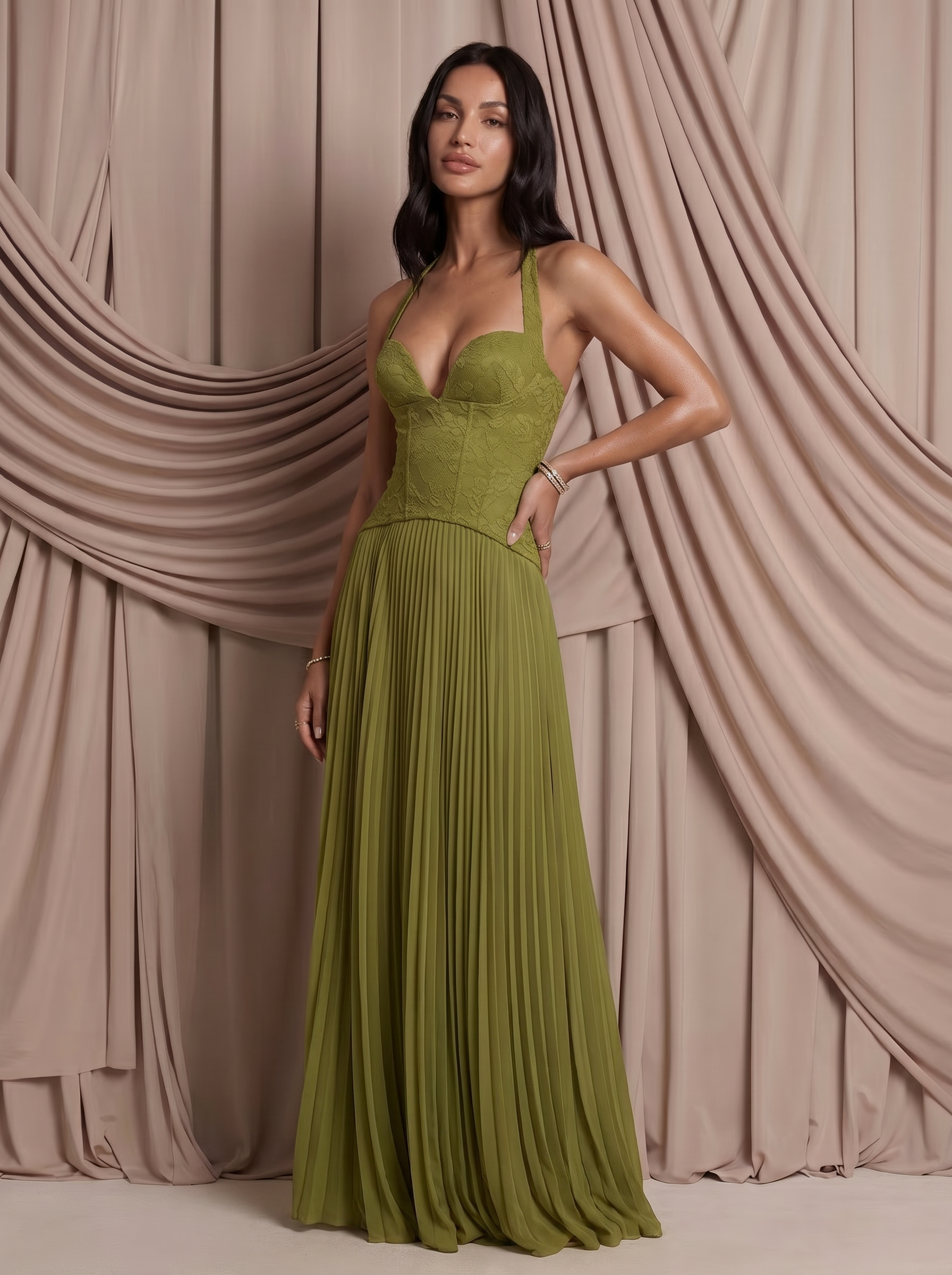Jordana Green Corset Halter Long Maxi Dress