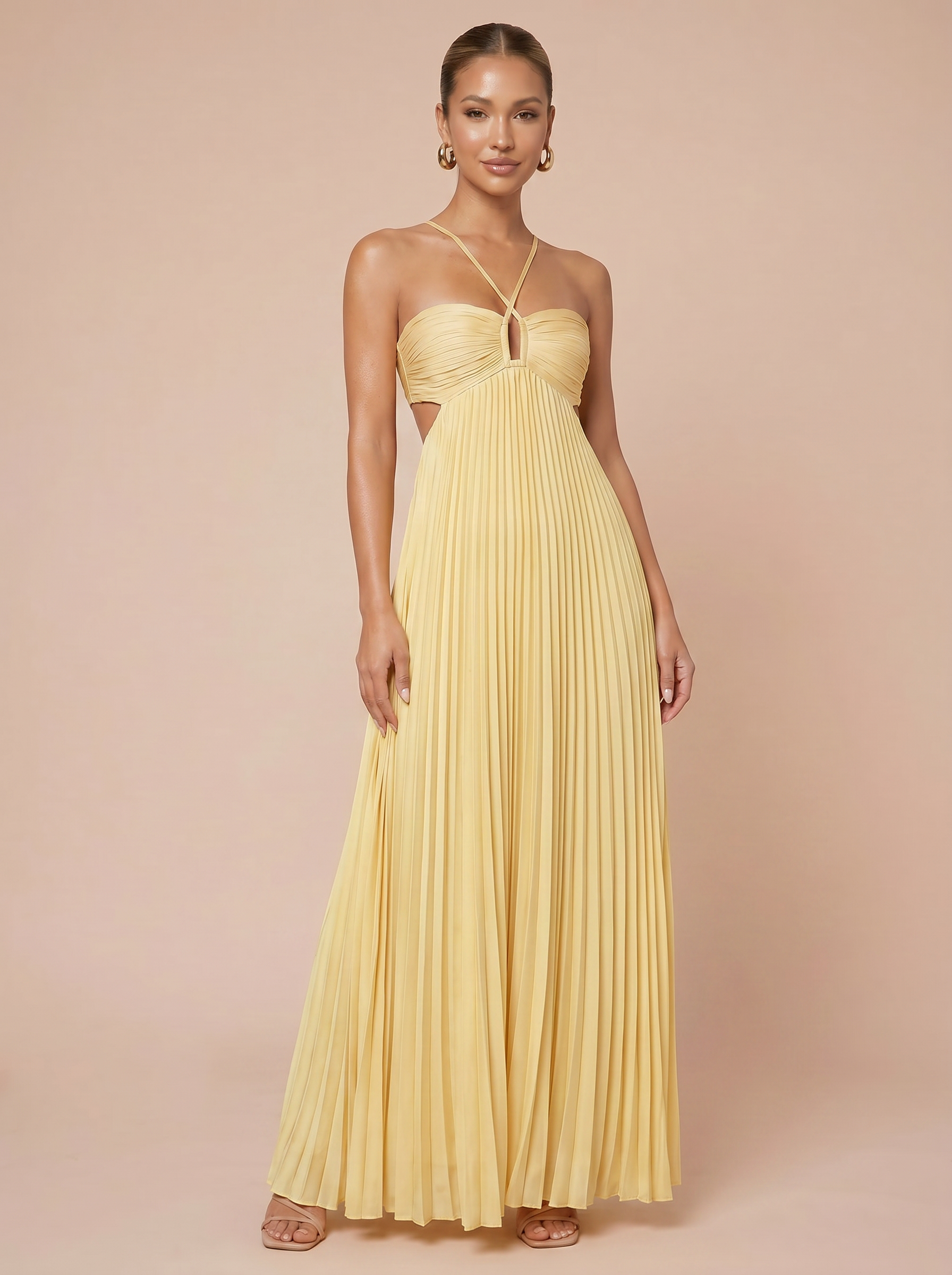 Adalee Halter Cutout Pleated Summer Maxi Dress