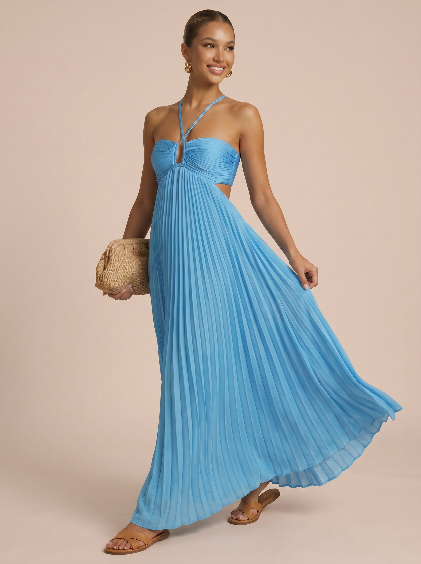 Adalee Halter Cutout Pleated Summer Maxi Dress