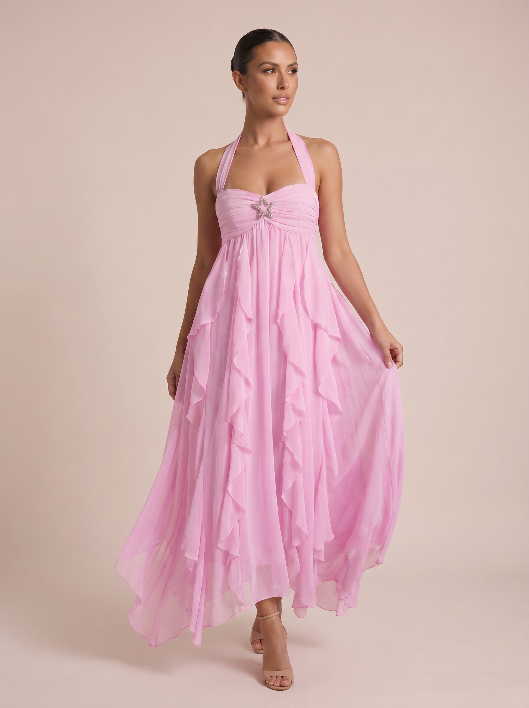 Isodle Strapless Ruffle Halter Backless Summer Maxi Dress
